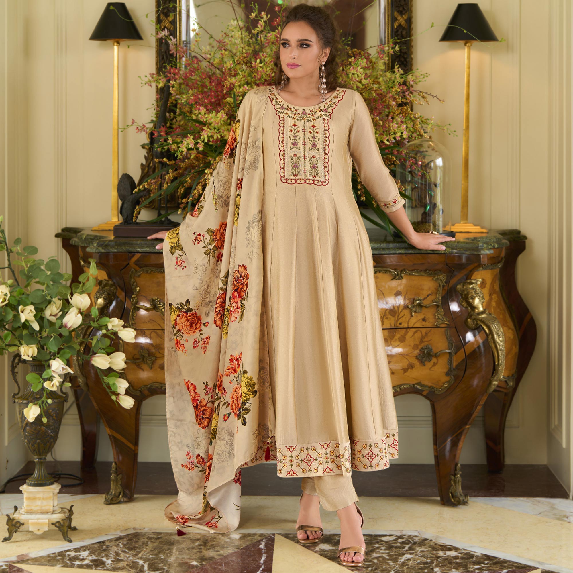 Beige Embroidered Vichitra Silk Anarkali Salwar Suit