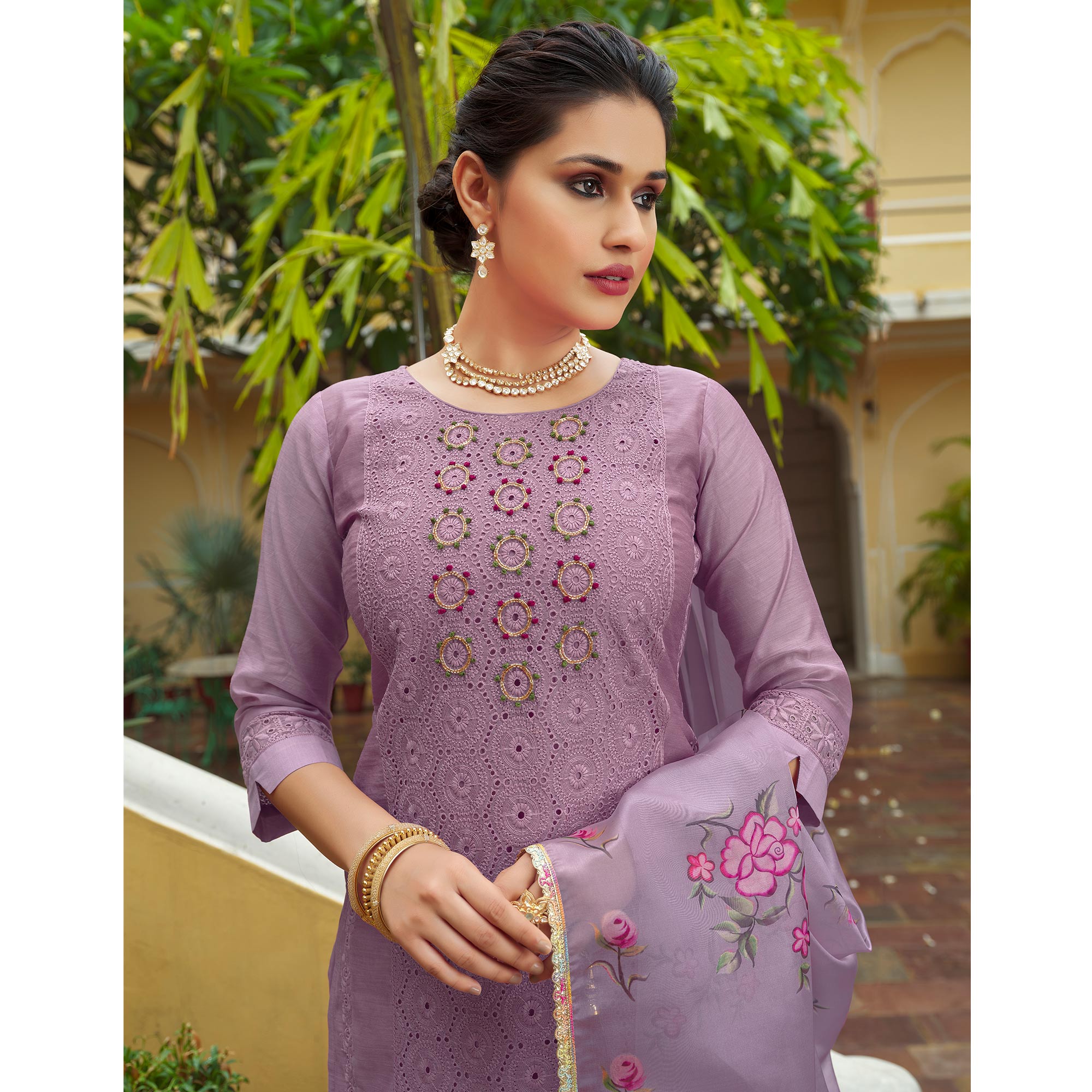 Purple Chikankari Work Cotton Silk Salwar Suit
