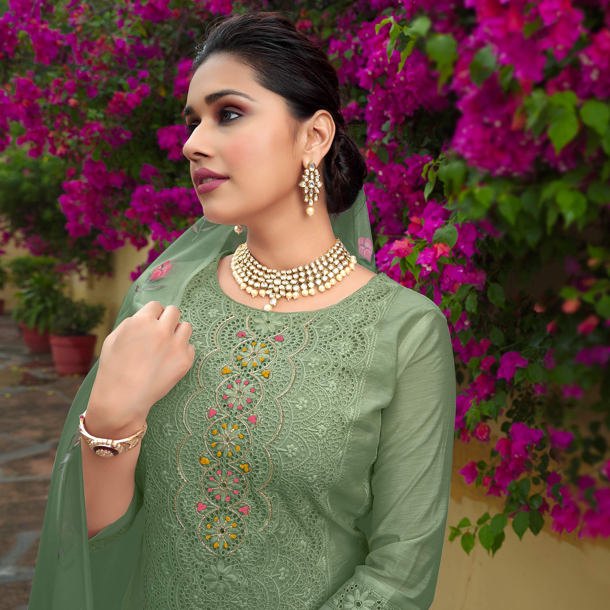 Green Chikankari Work Cotton Silk Salwar Suit