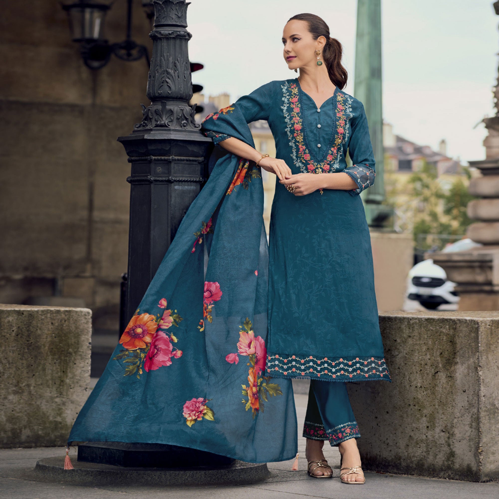 Teal Floral Sequins Embroidery With Handwork Viscose Salwar Suit