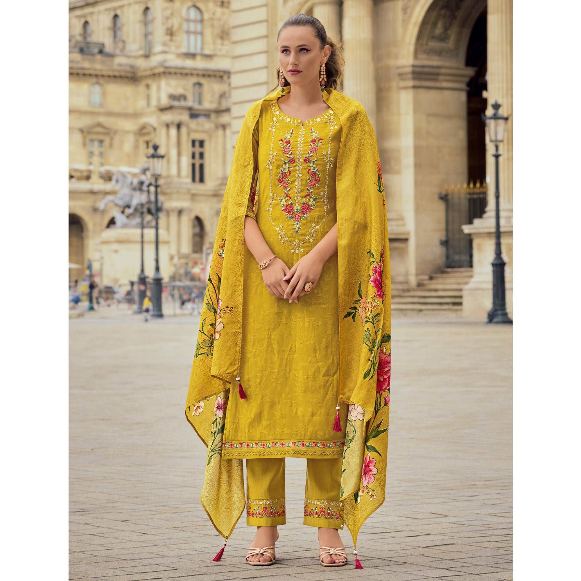 Yellow Floral Sequins Embroidery With Handwork Viscose Salwar Suit