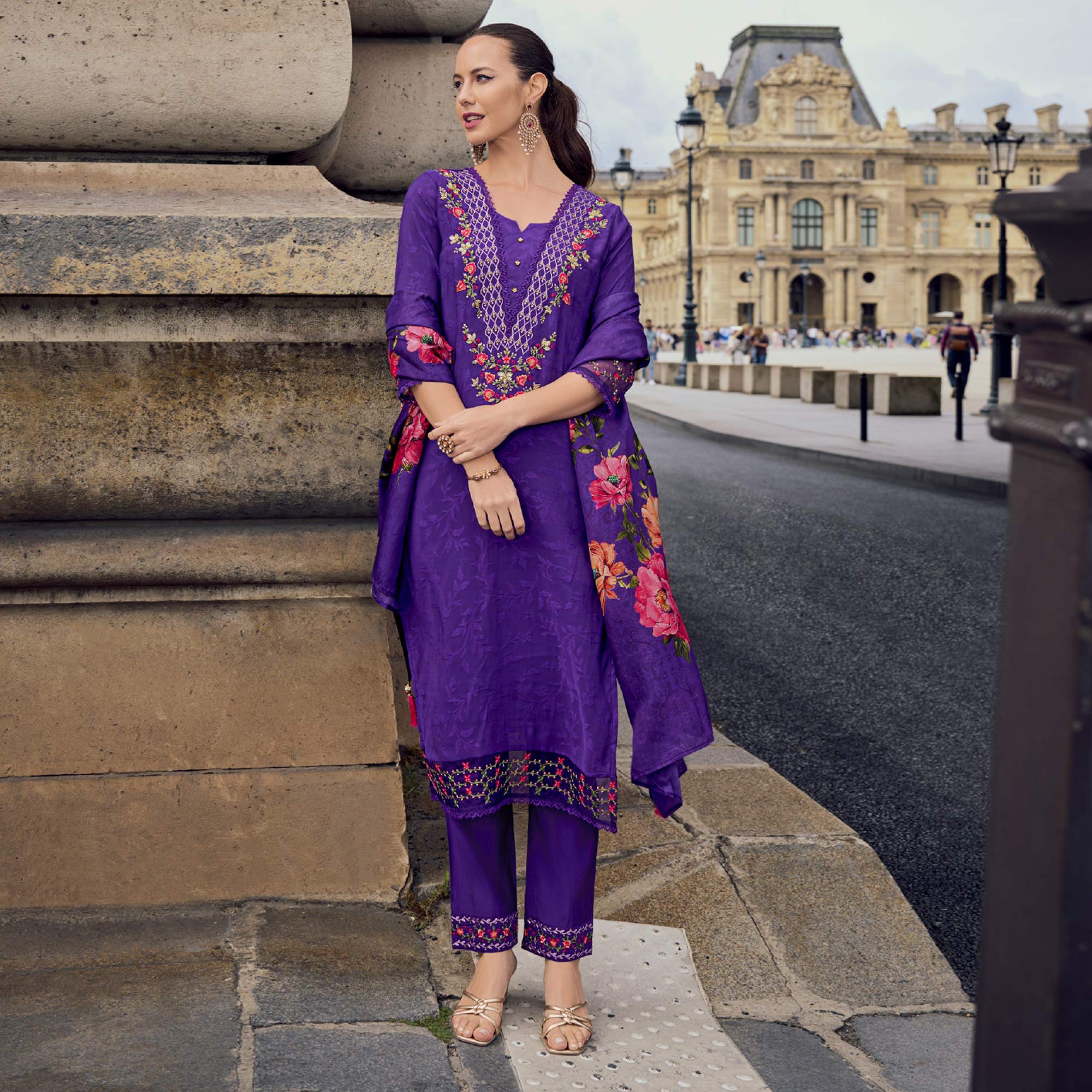 Purple Floral Sequins Embroidery With Handwork Viscose Salwar Suit