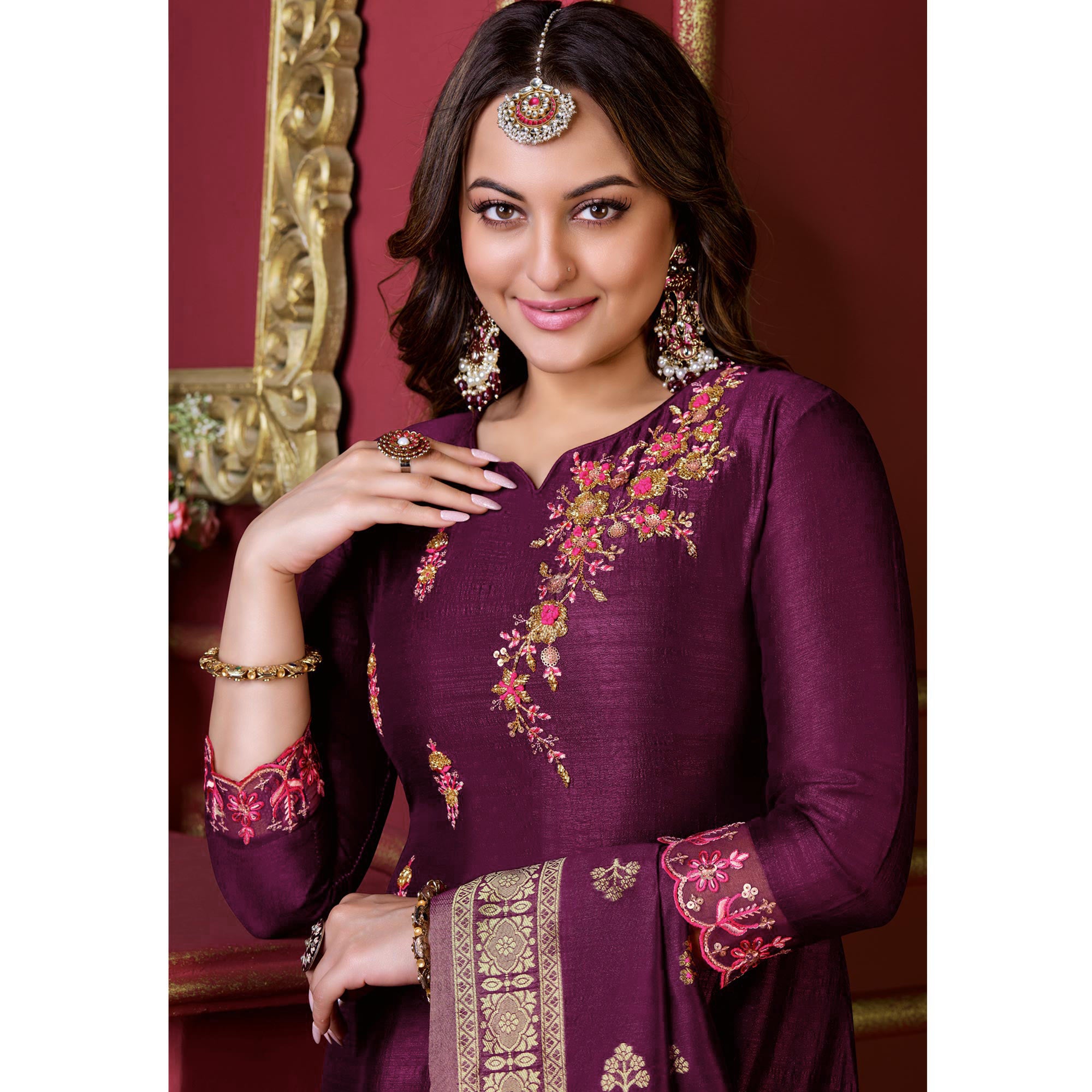 Purple Floral Sequins Embroidered Cotton Silk Suit