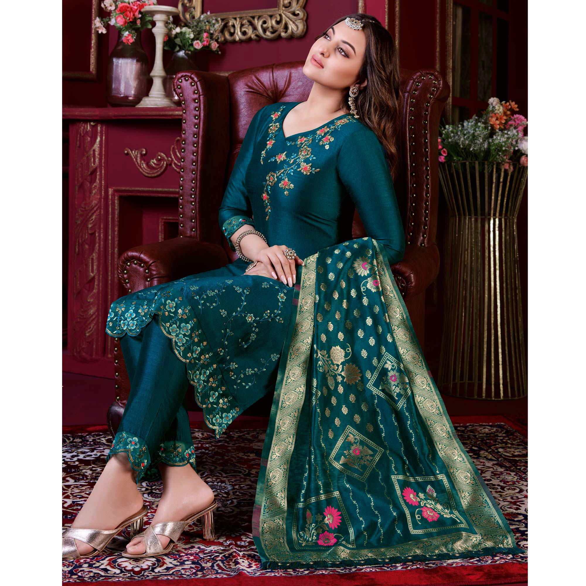 Blue Floral Sequins Embroidered Cotton Silk Suit