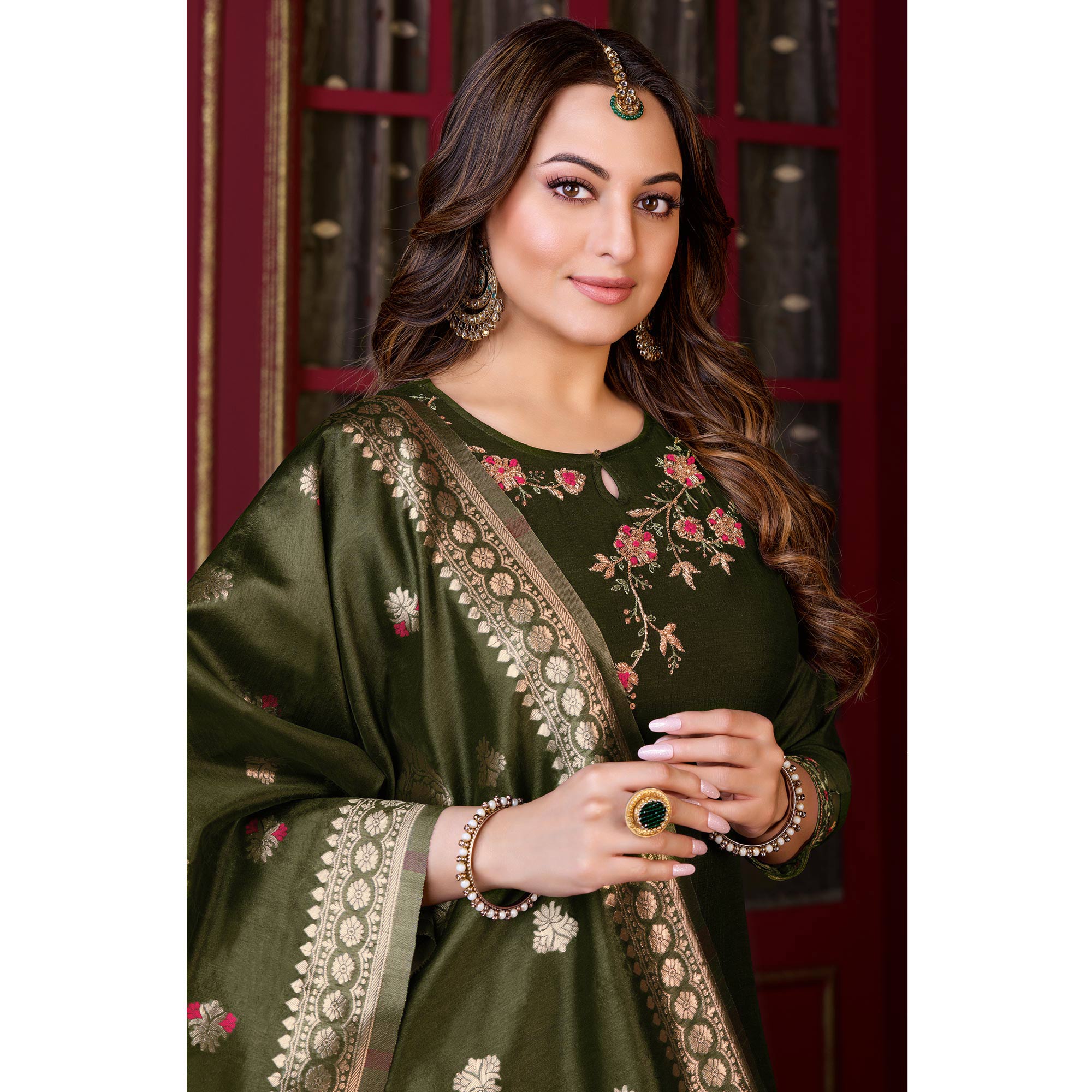 Mehendi Green Floral Sequins Embroidered Cotton Silk Suit