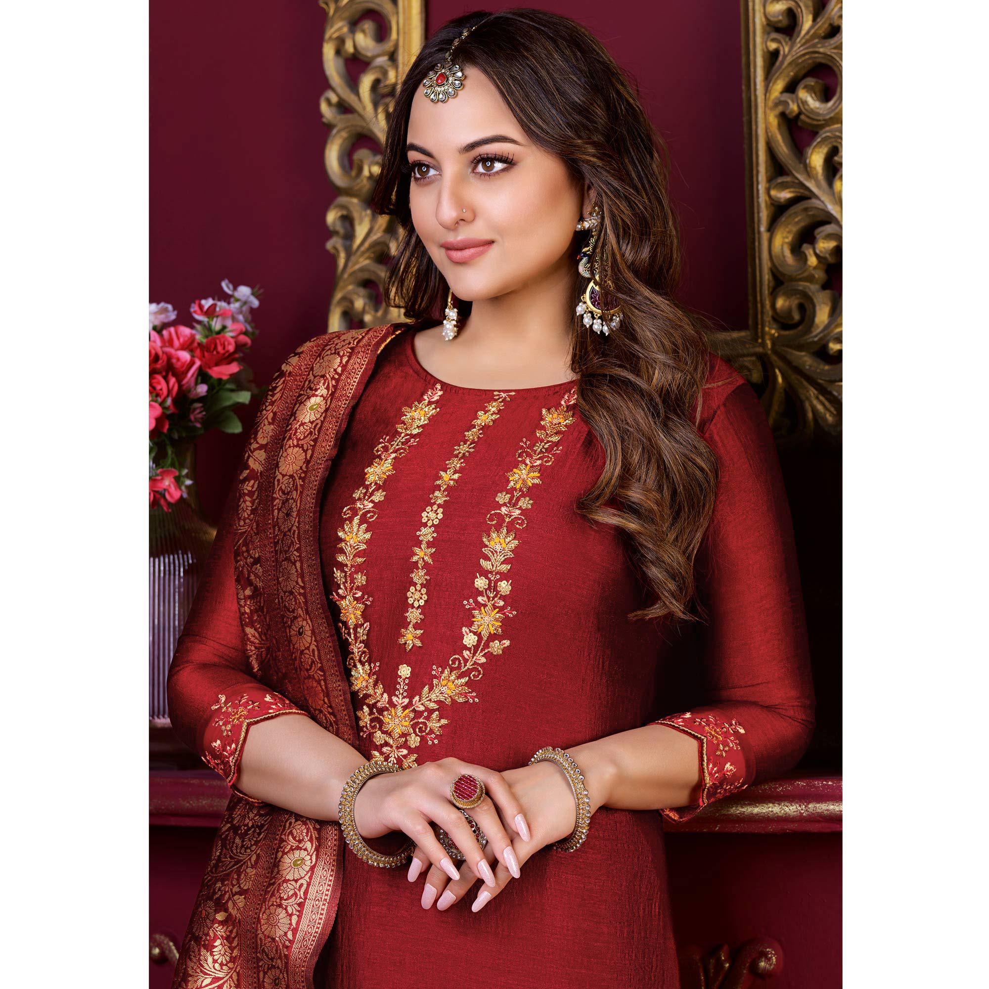 Red Floral Sequins Embroidered Cotton Silk Suit