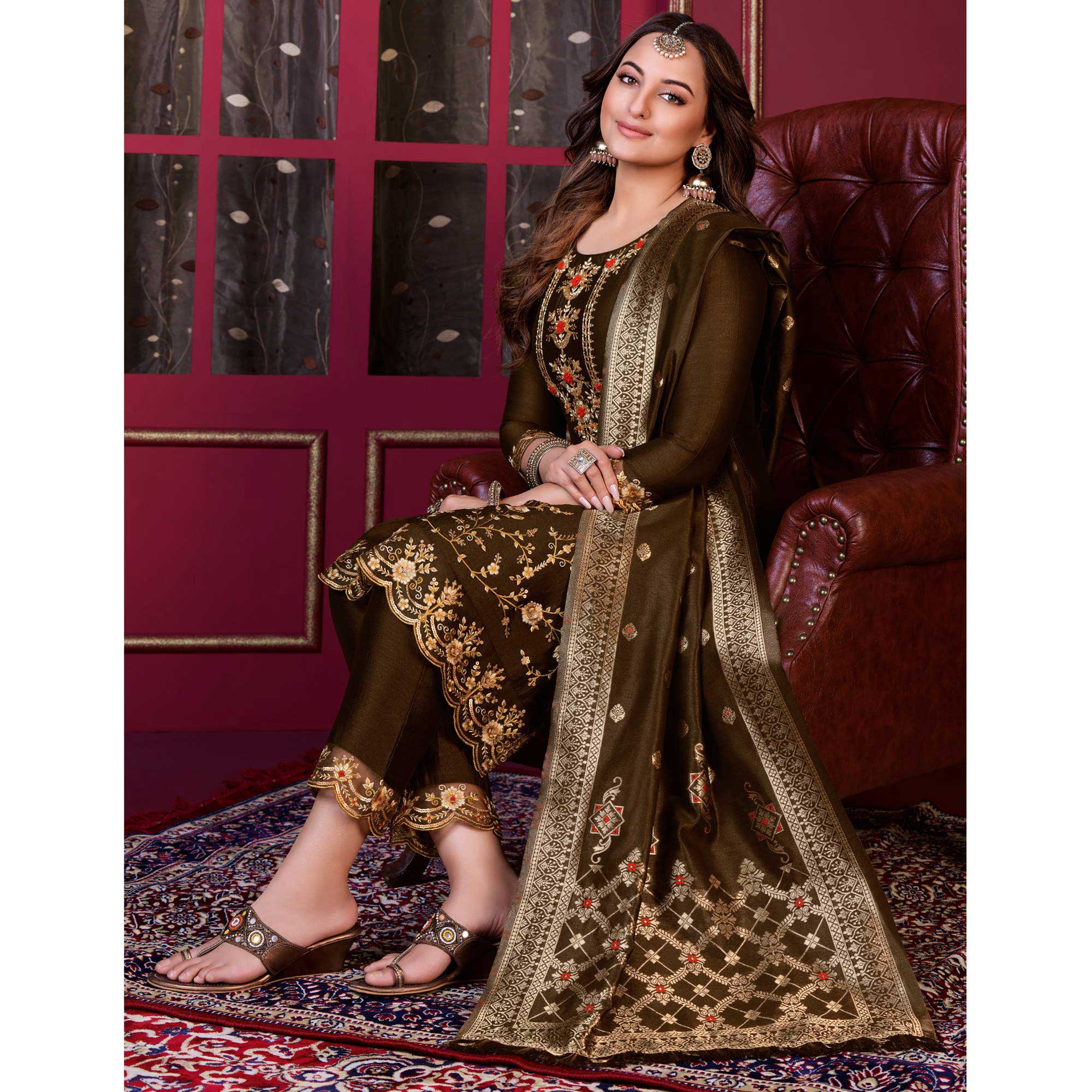 Brown Floral Sequins Embroidered Cotton Silk Suit