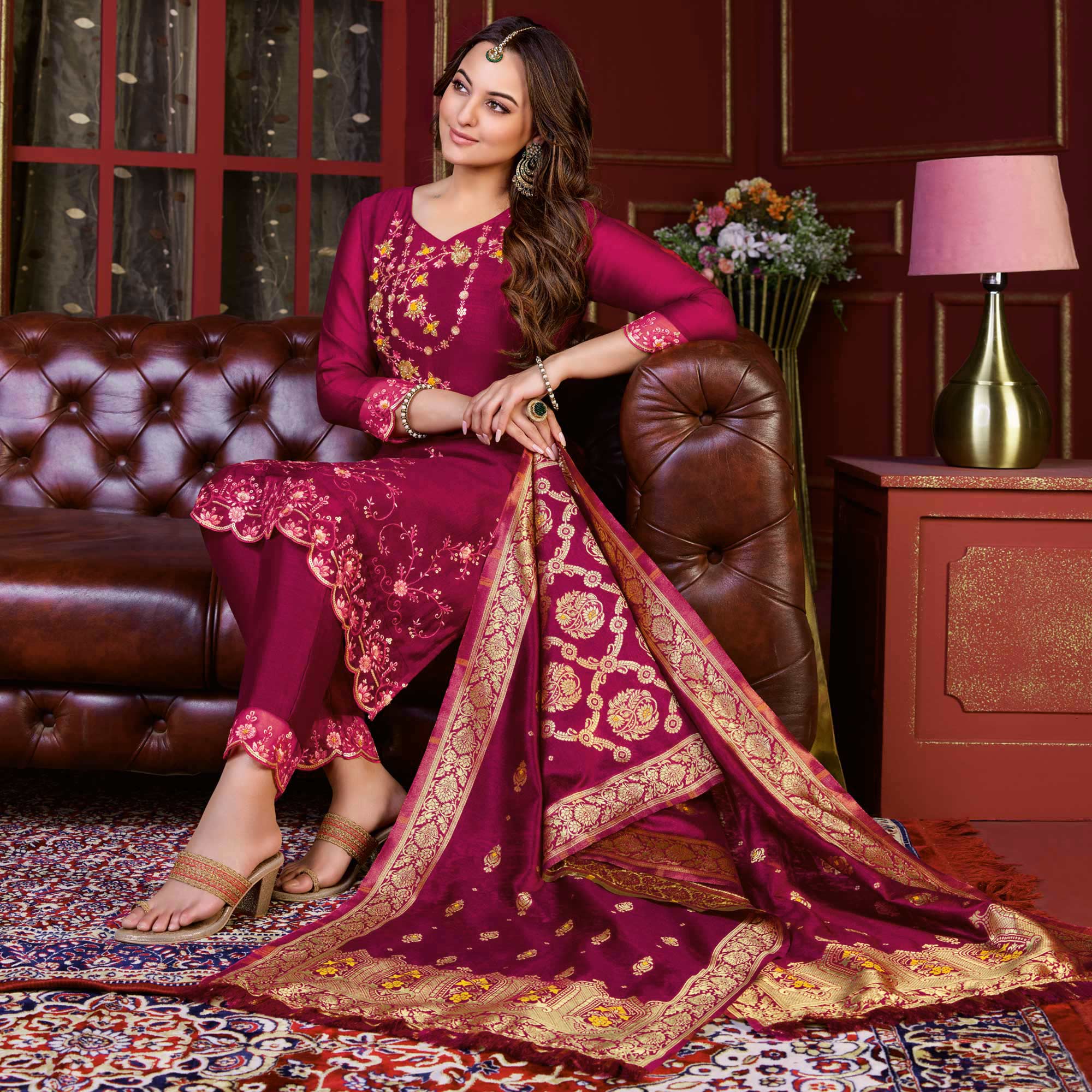 Rani Pink Floral Sequins Embroidered Cotton Silk Suit