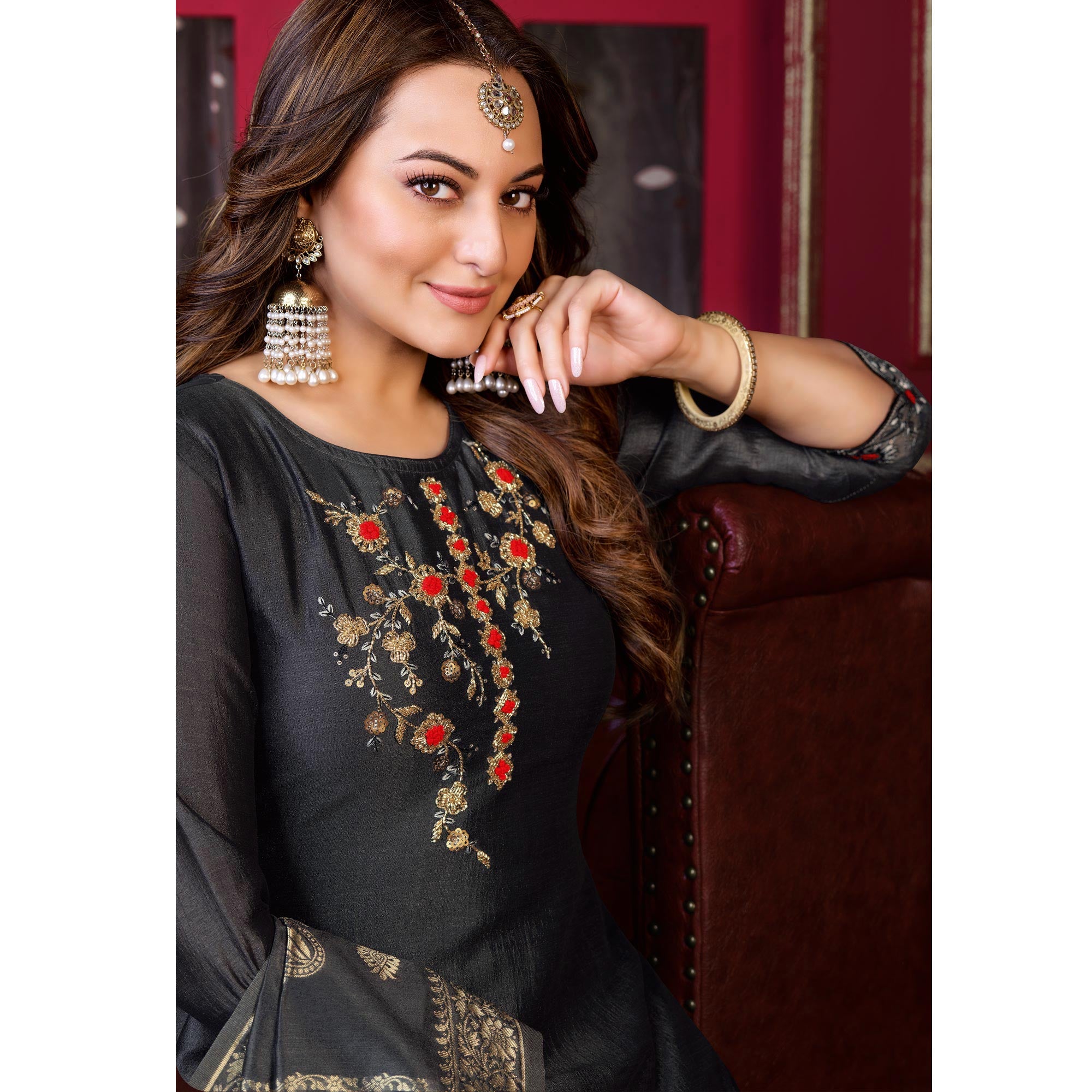 Grey Floral Sequins Embroidered Cotton Silk Suit