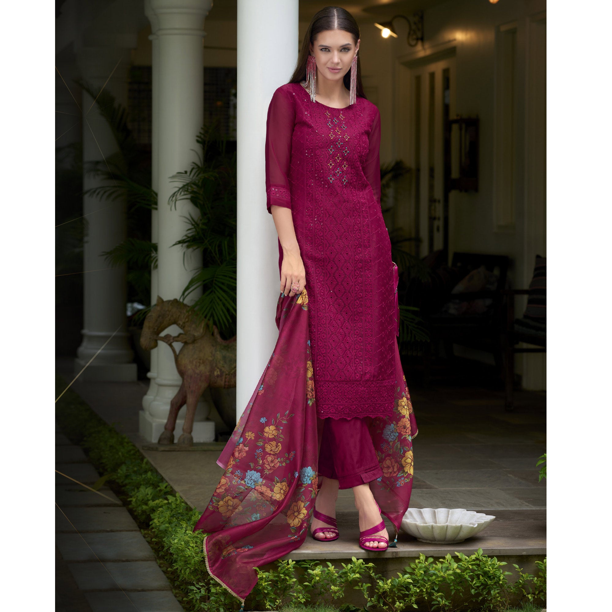 Rani Pink Chikankari With Handwork Organza Salwar Suit