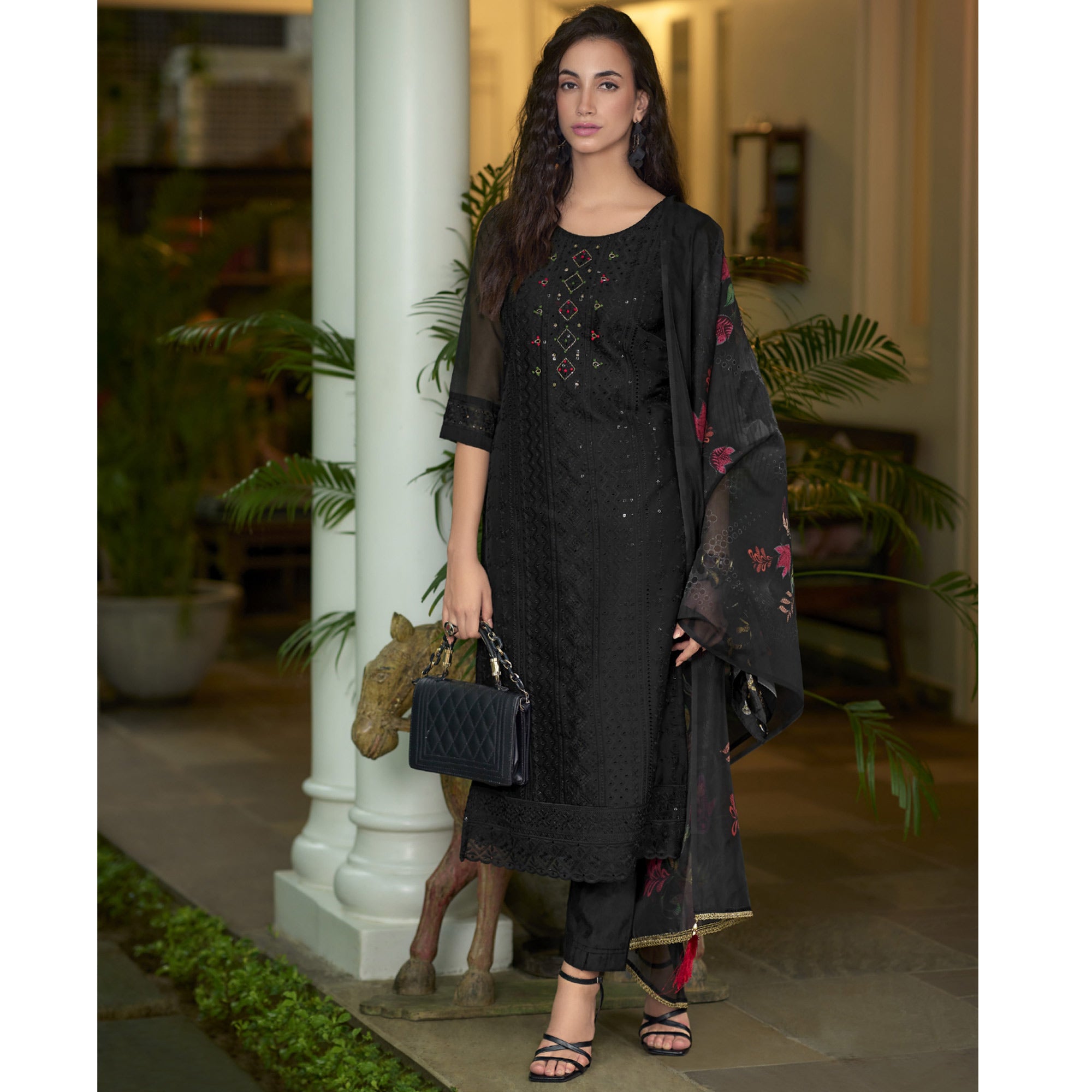 Black Chikankari With Handwork Organza Salwar Suit