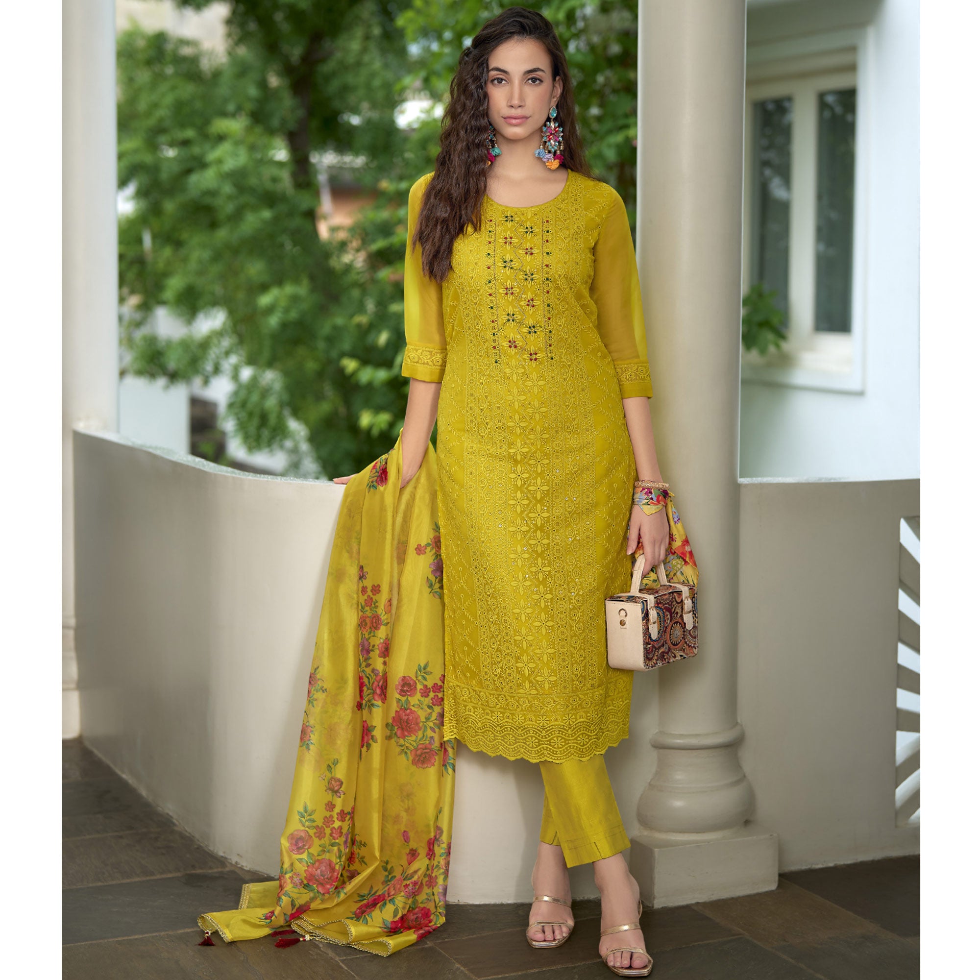 Yellow Chikankari With Handwork Organza Salwar Suit