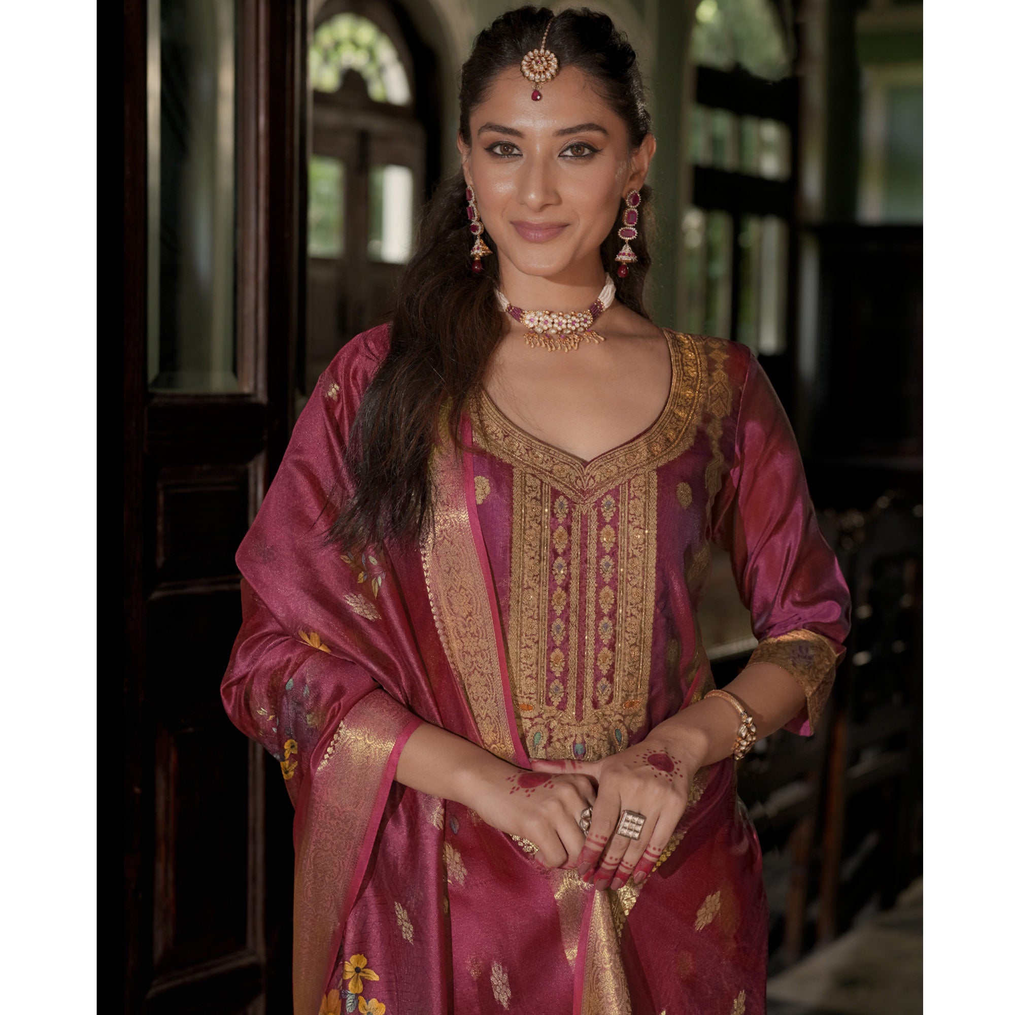 Pink Floral Woven With Handwork Organza Salwar Suit