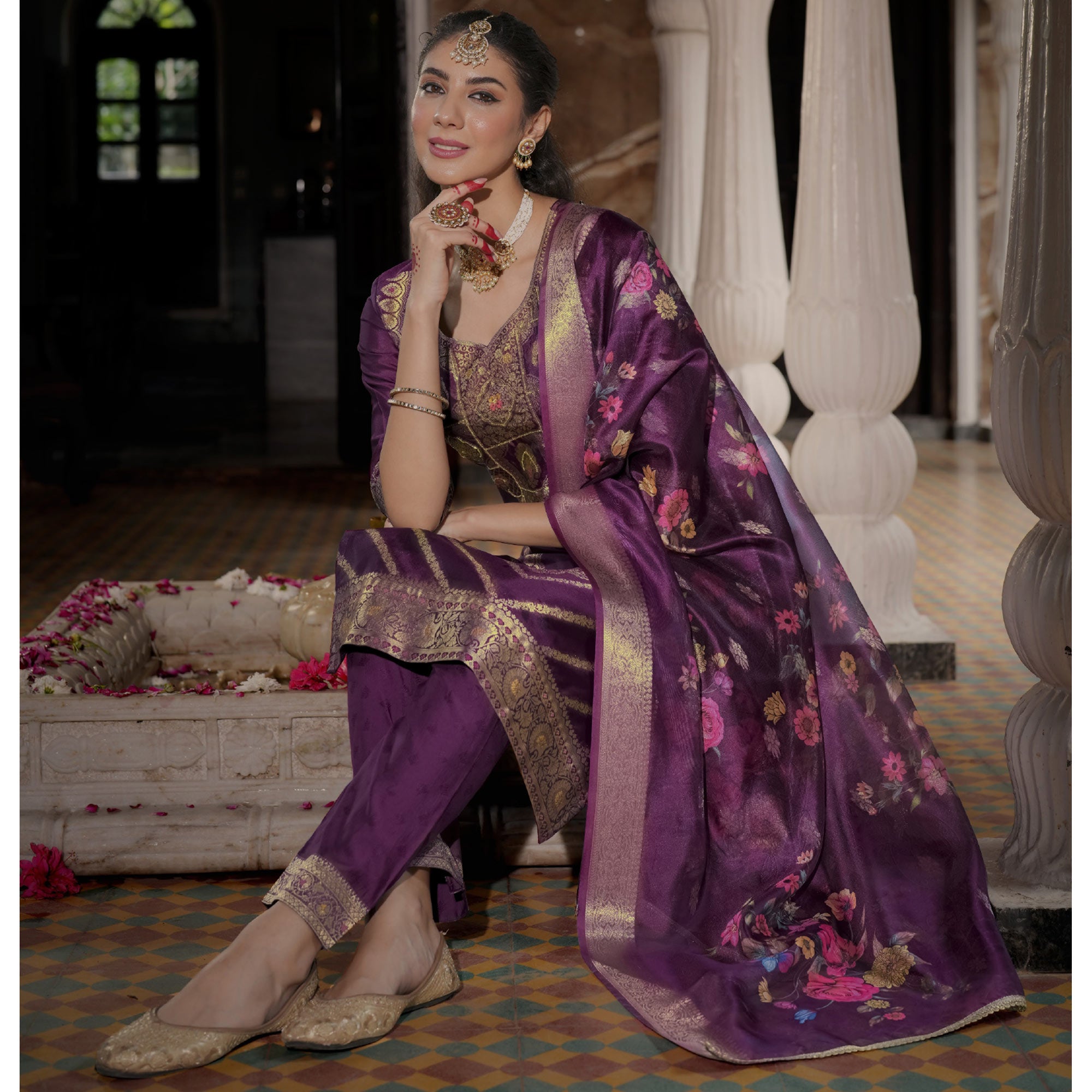 Purple Floral Woven With Handwork Organza Salwar Suit