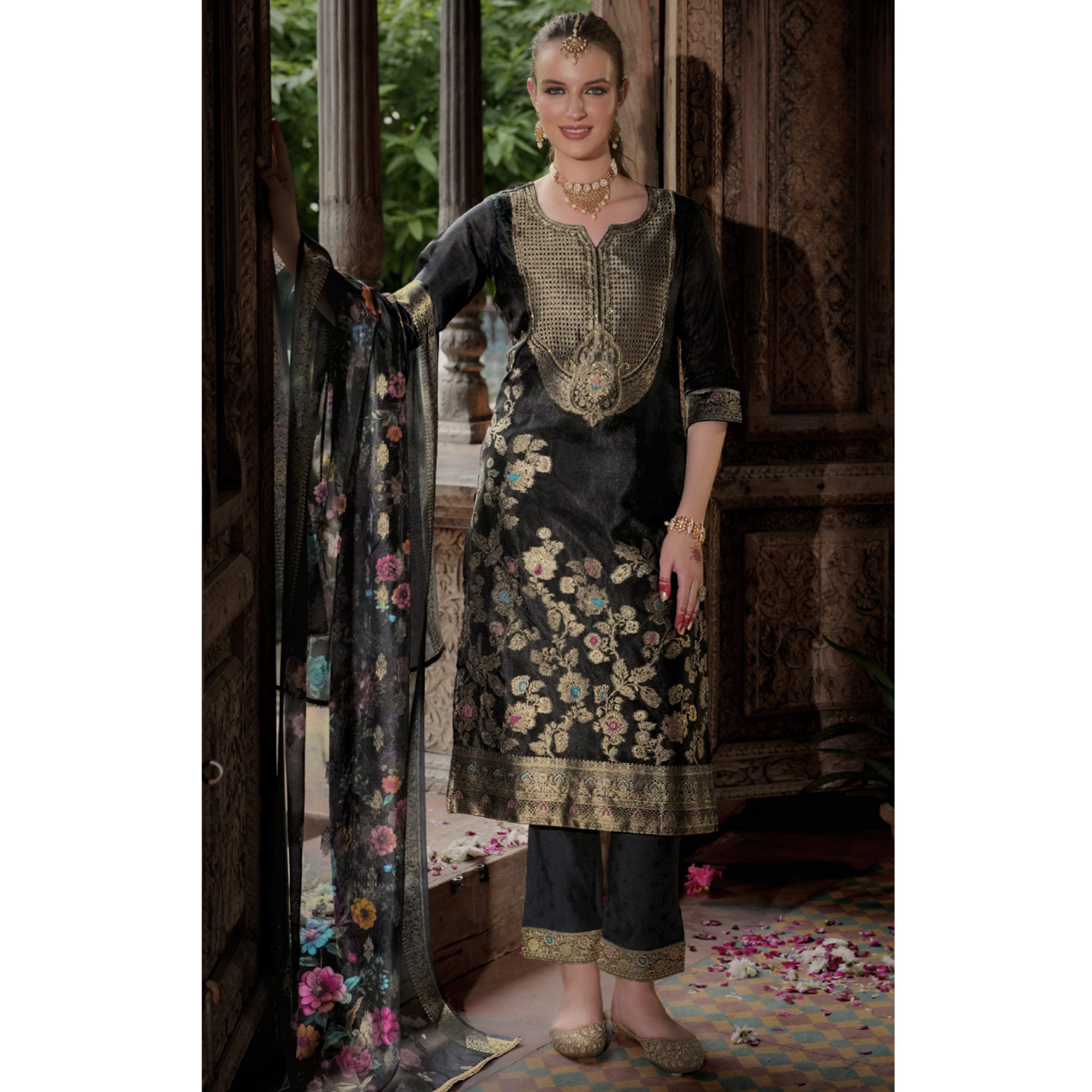 Black Floral Woven With Handwork Organza Salwar Suit