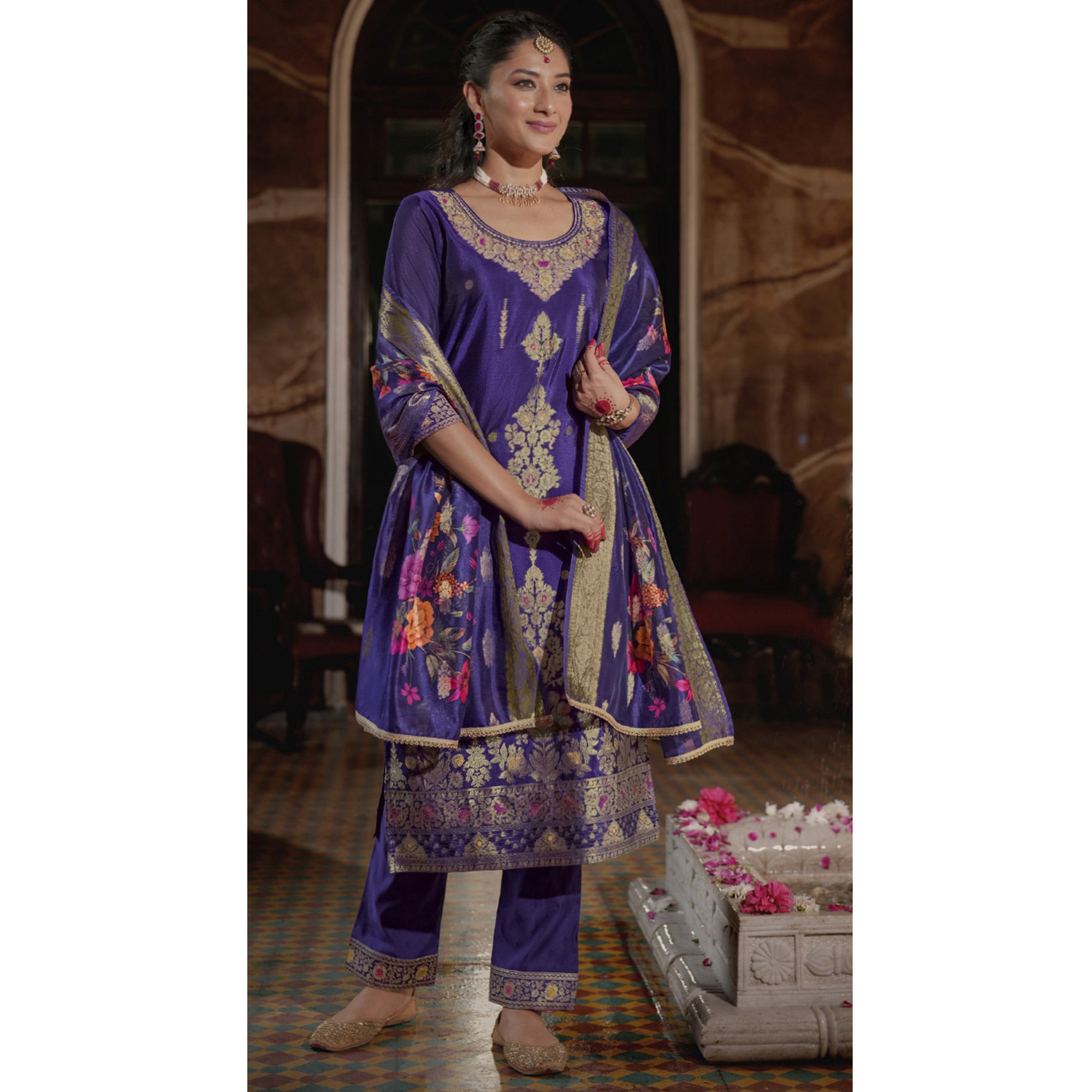 Violet Floral Woven With Handwork Organza Salwar Suit