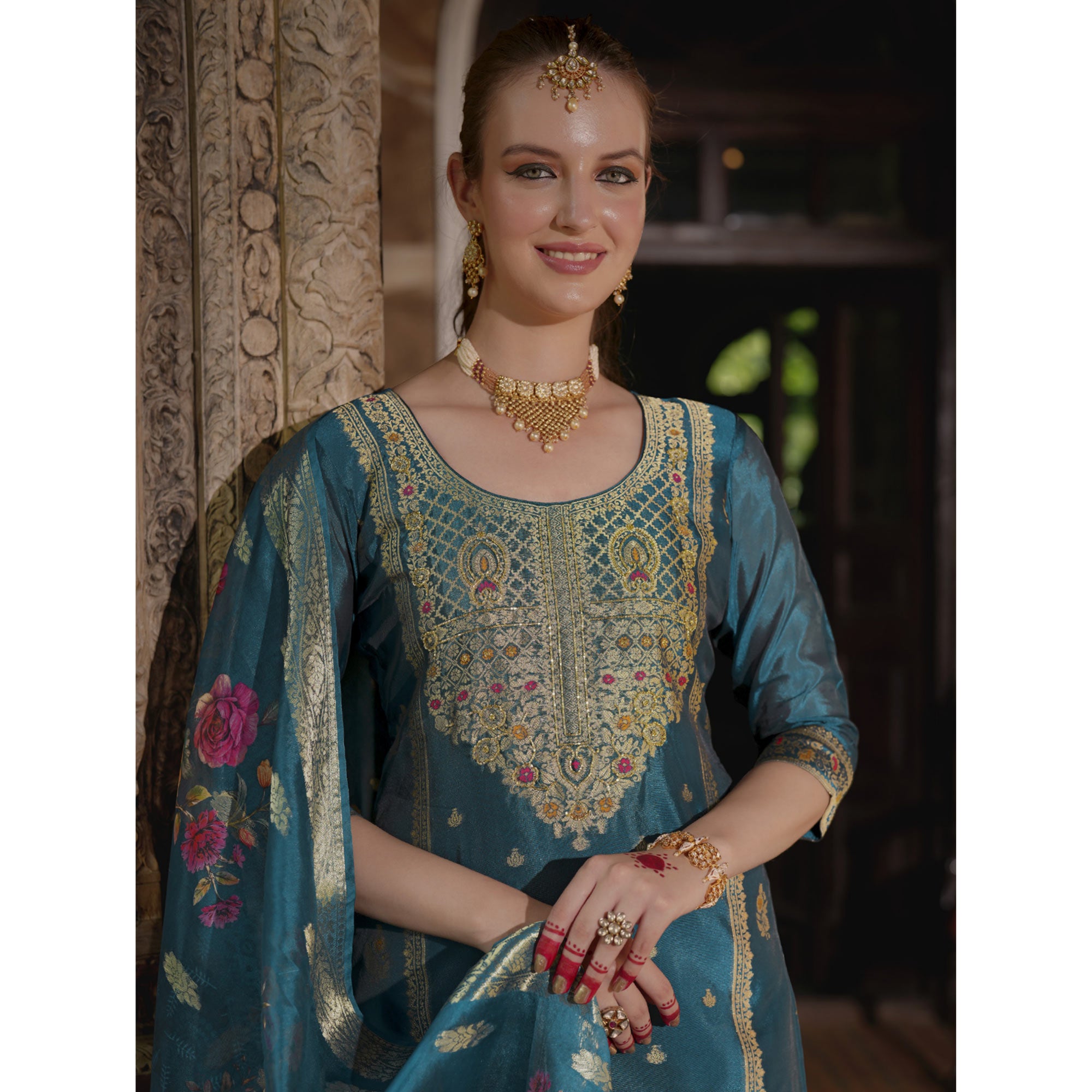 Rama Blue Floral Woven With Handwork Organza Salwar Suit