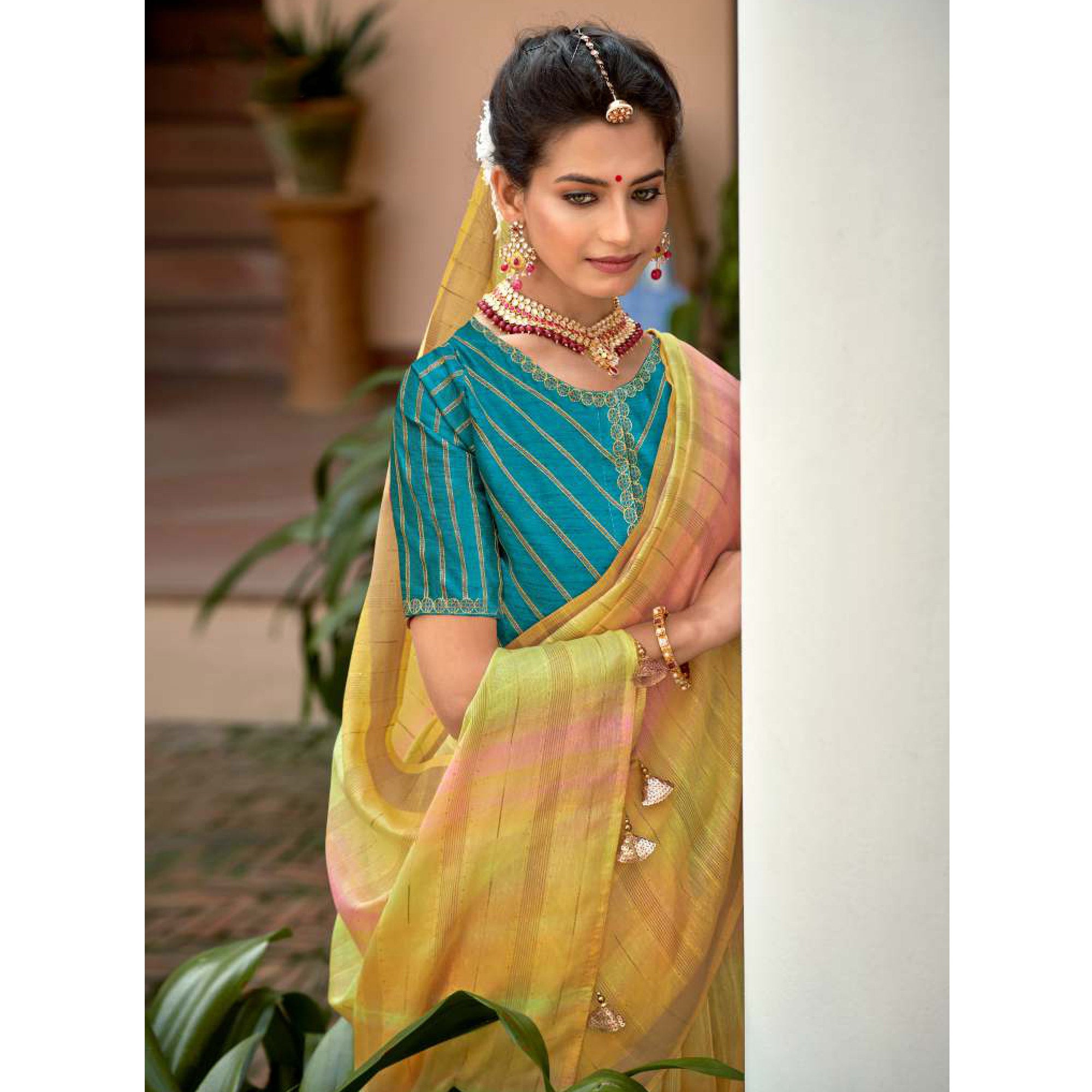 Yellow Woven Linen Saree With Tassels