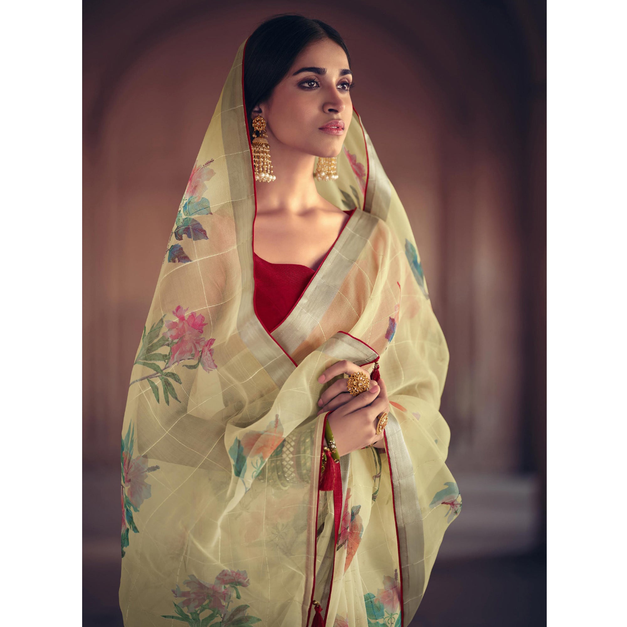 Yellow Floral Printed With Sequins Work Organza Saree With Tassels