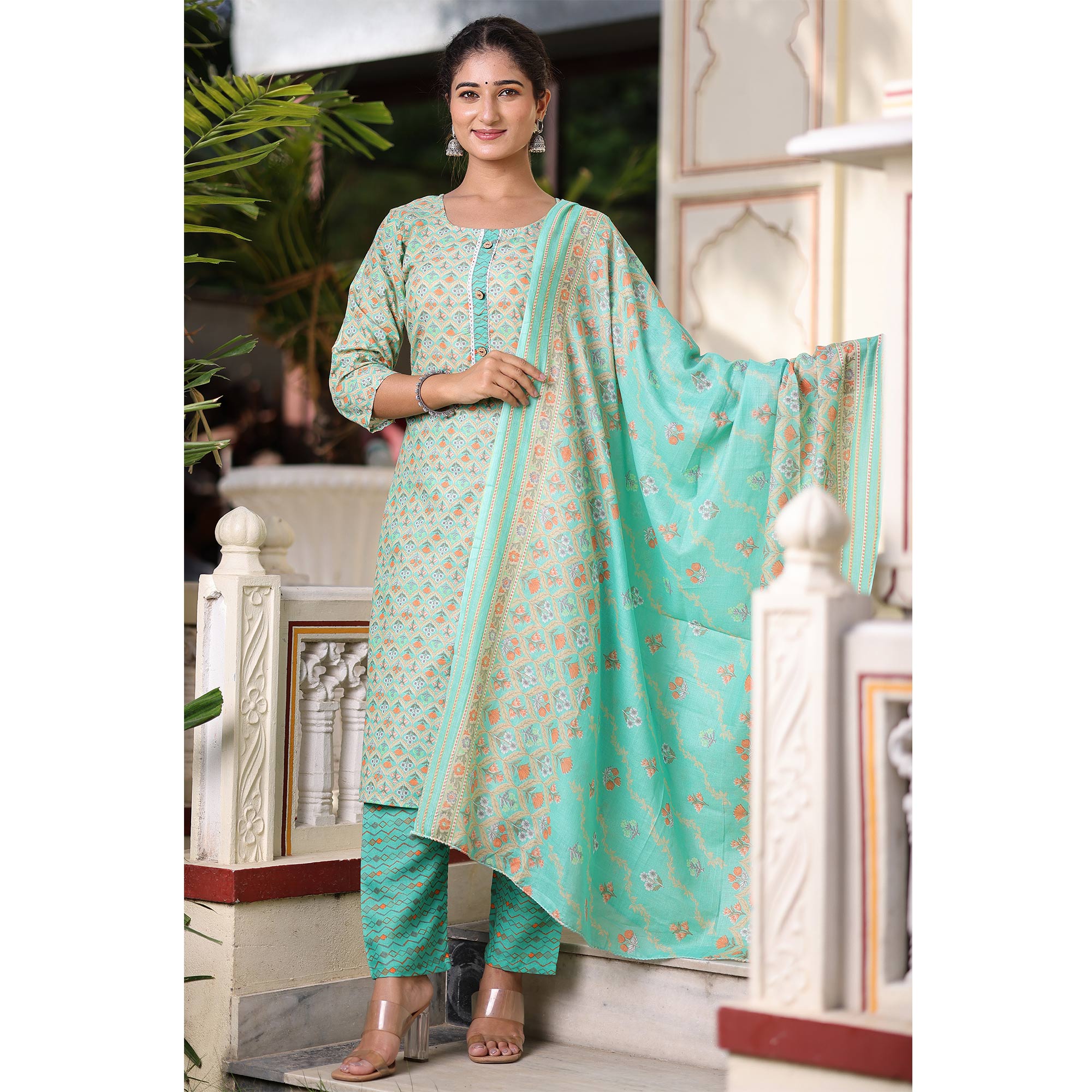 Green Floral Printed Pure Cotton Suit