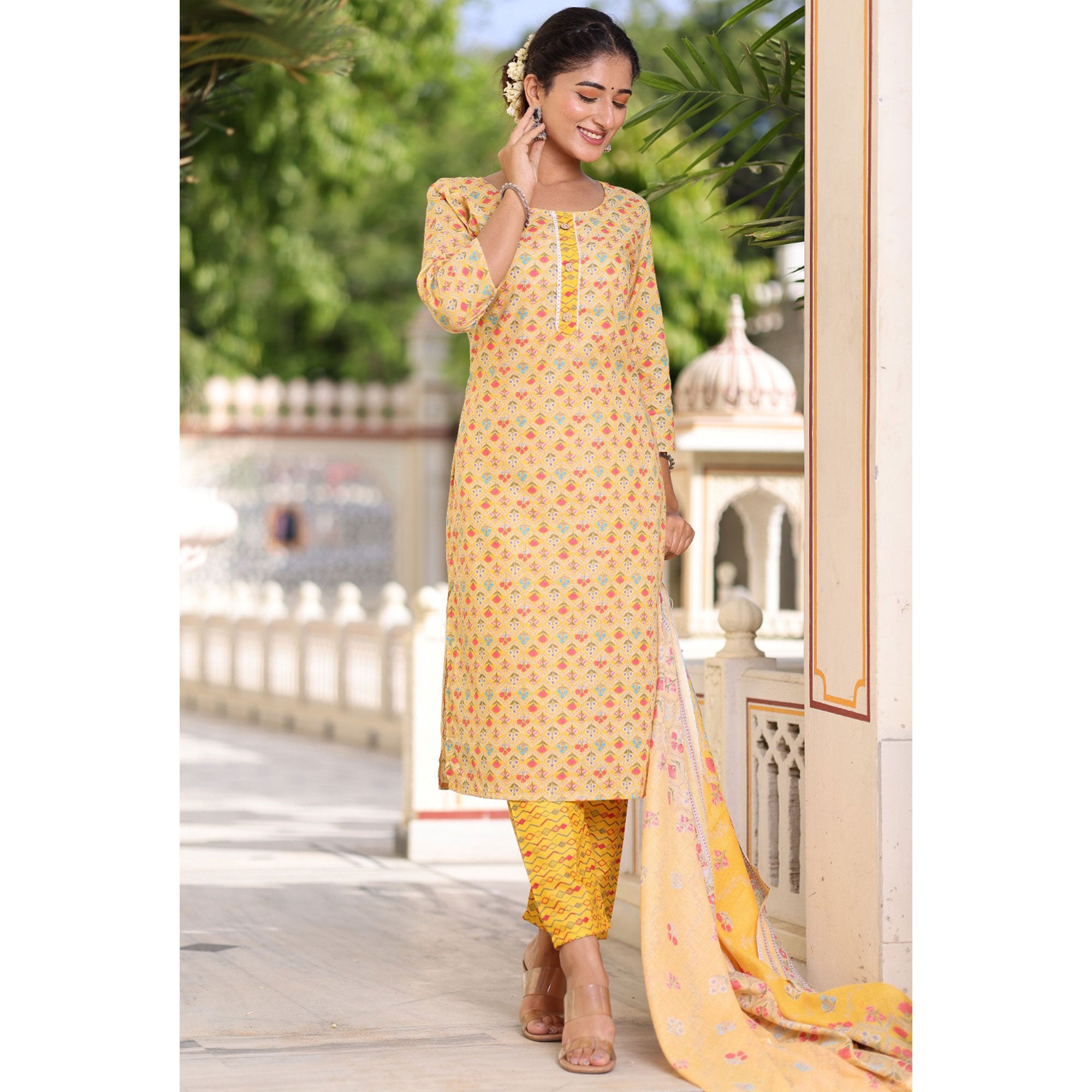 Yellow Floral Printed Pure Cotton Suit