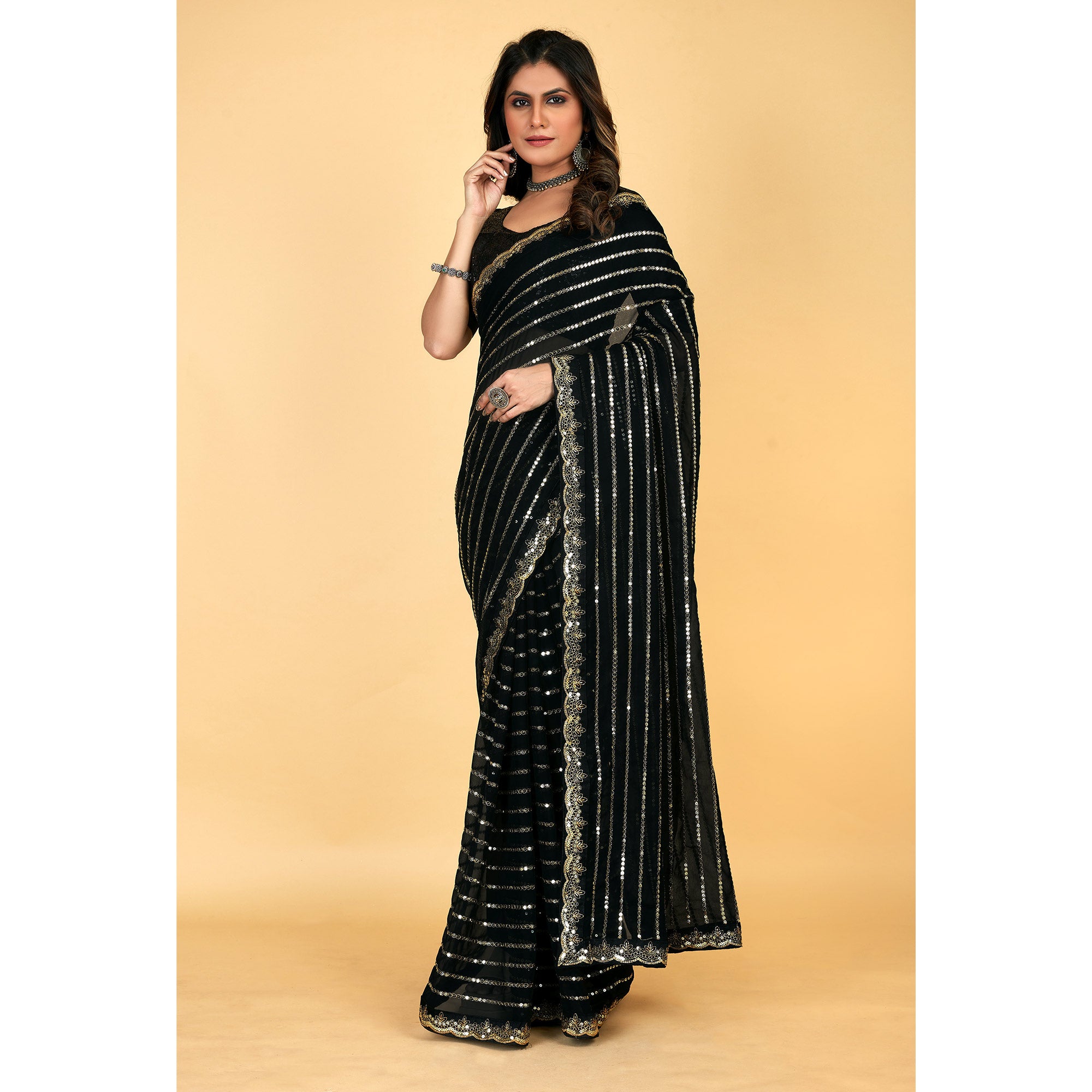 Black Sequins Embroidered Georgette Saree