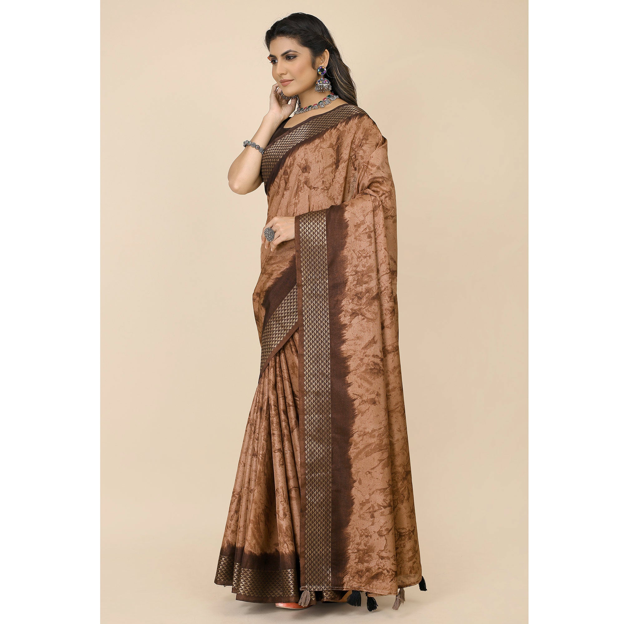 Coffee Brown Printed Cotton Silk Saree With Zari Border