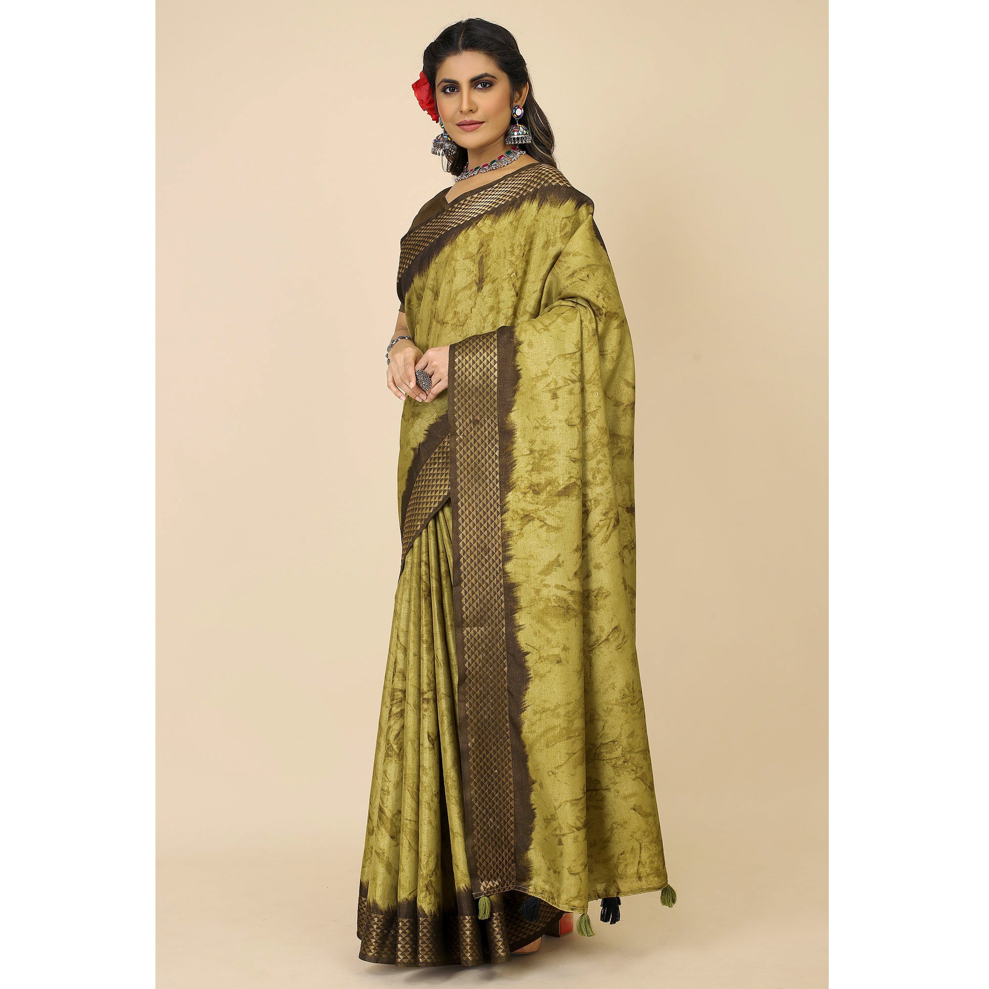 Mehendi Green Printed Cotton Silk Saree With Zari Border