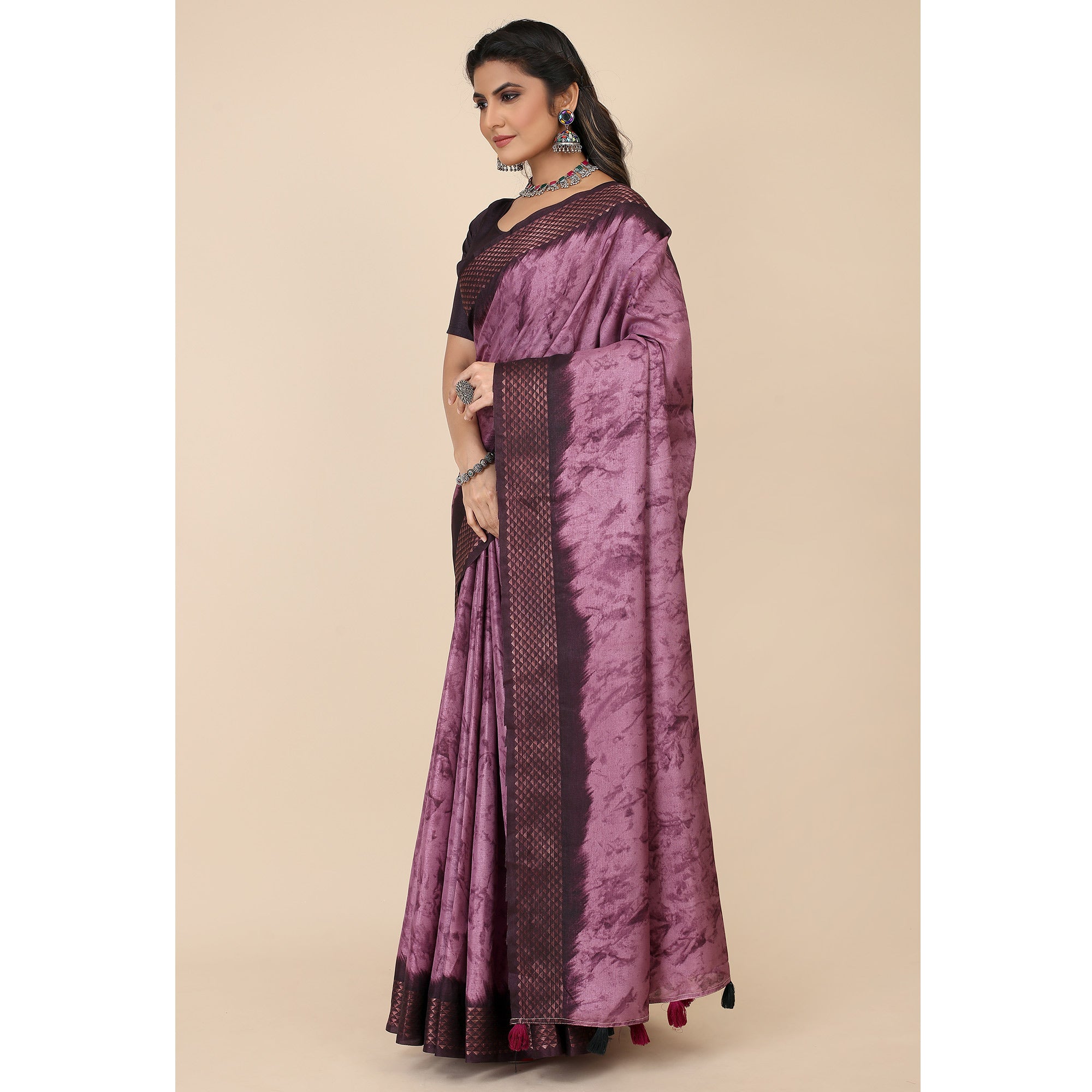 Purple Printed Cotton Silk Saree With Zari Border