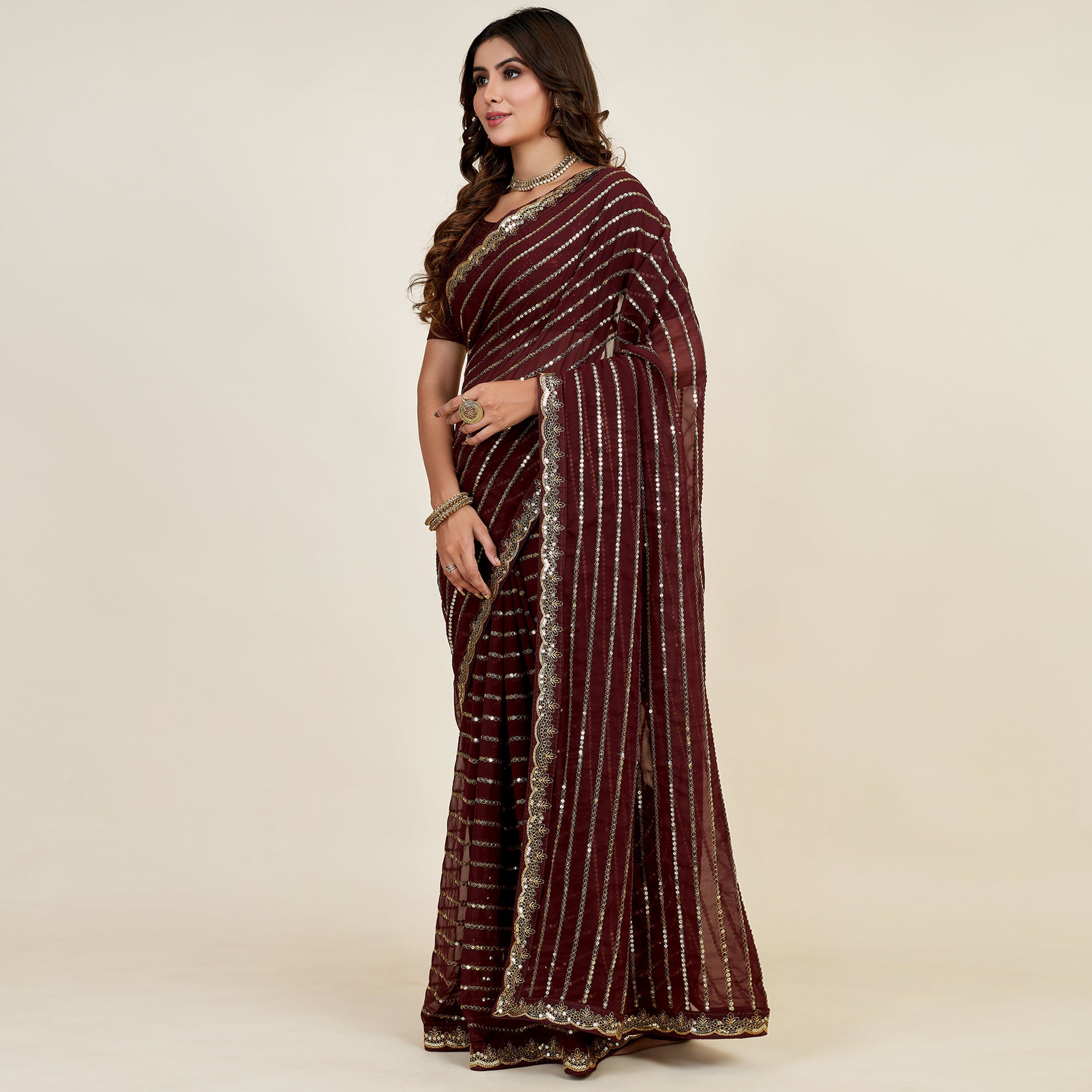Brown Sequins Embroidered Georgette Saree