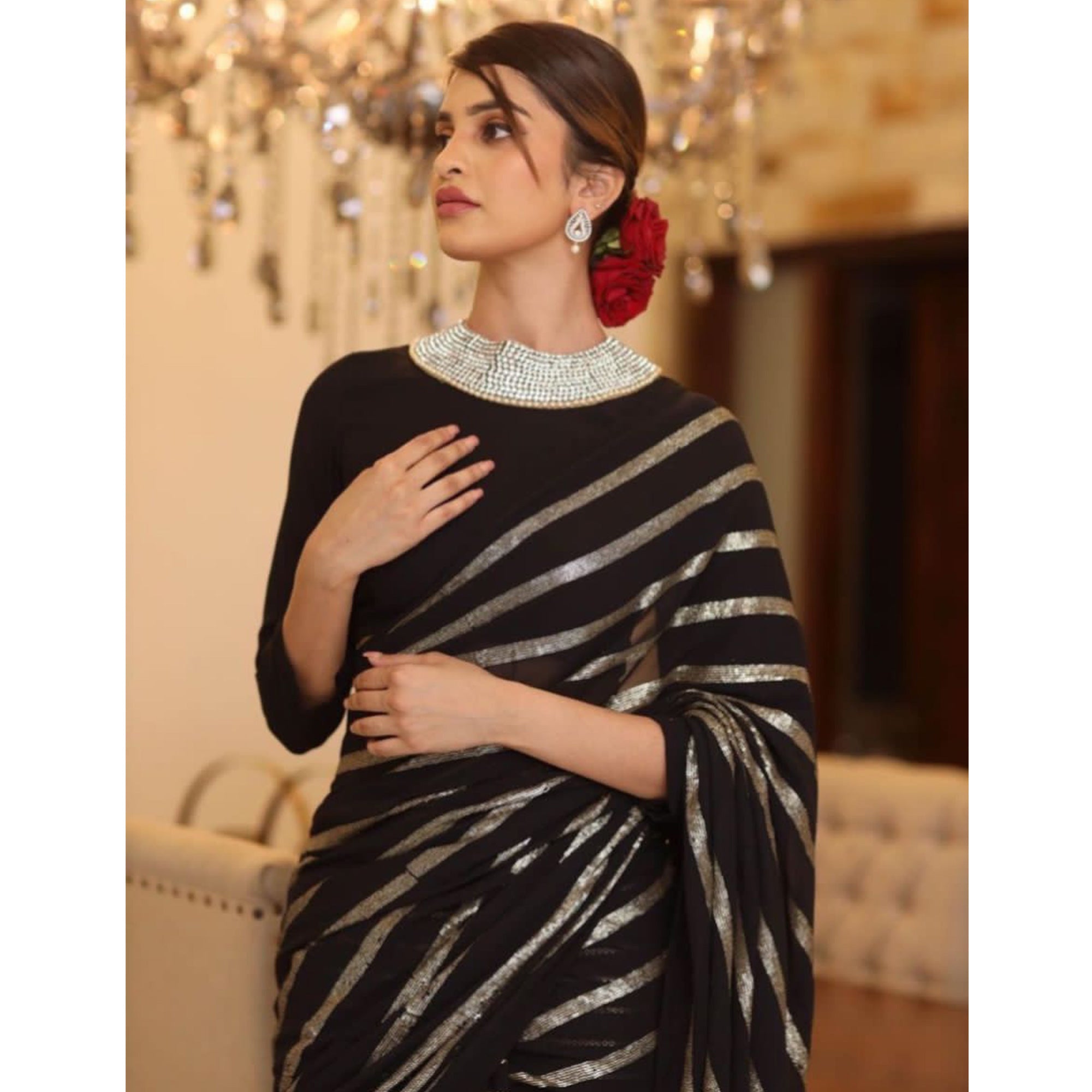 Black Sequins Embroidered Georgette Saree