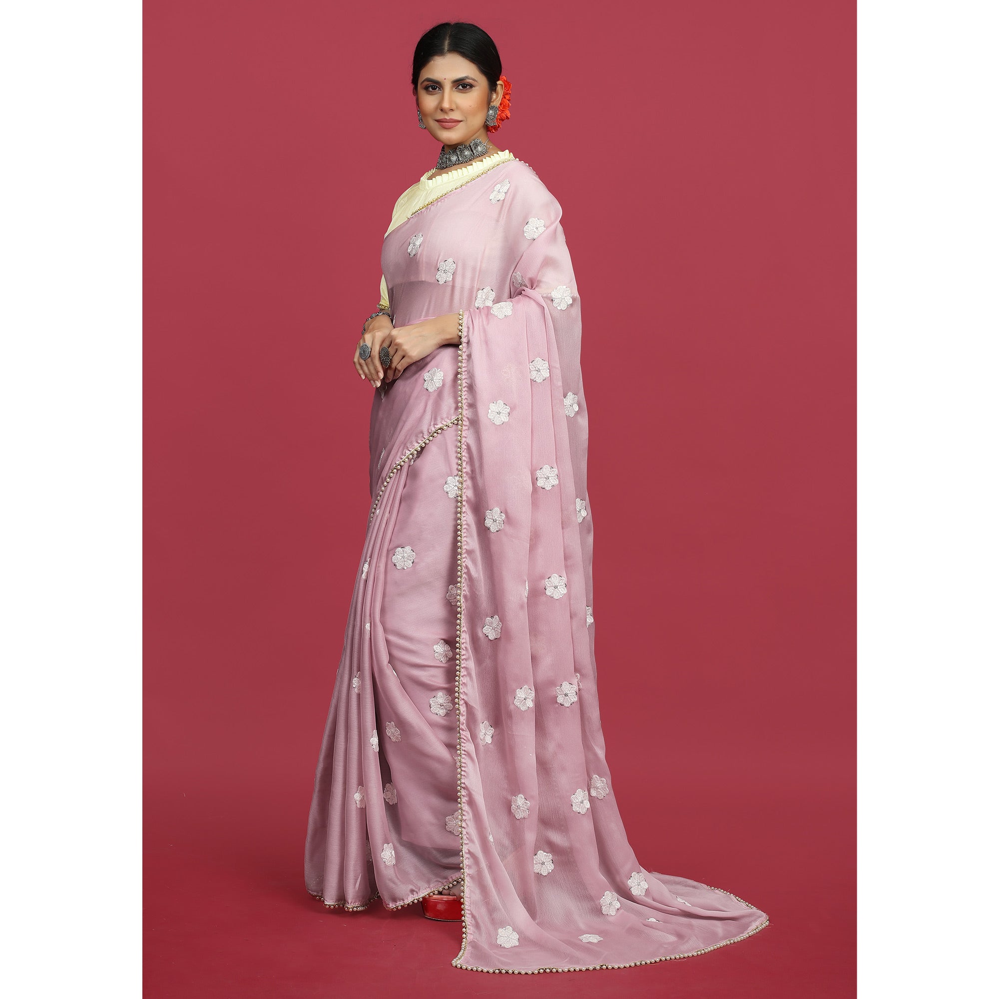 Pink Floral Embroidered Chiffon Saree