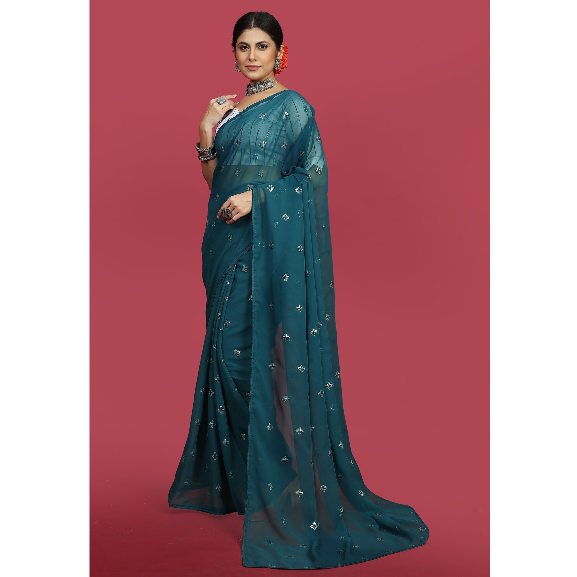 Morpich Sequins Embroidered Georgette Saree