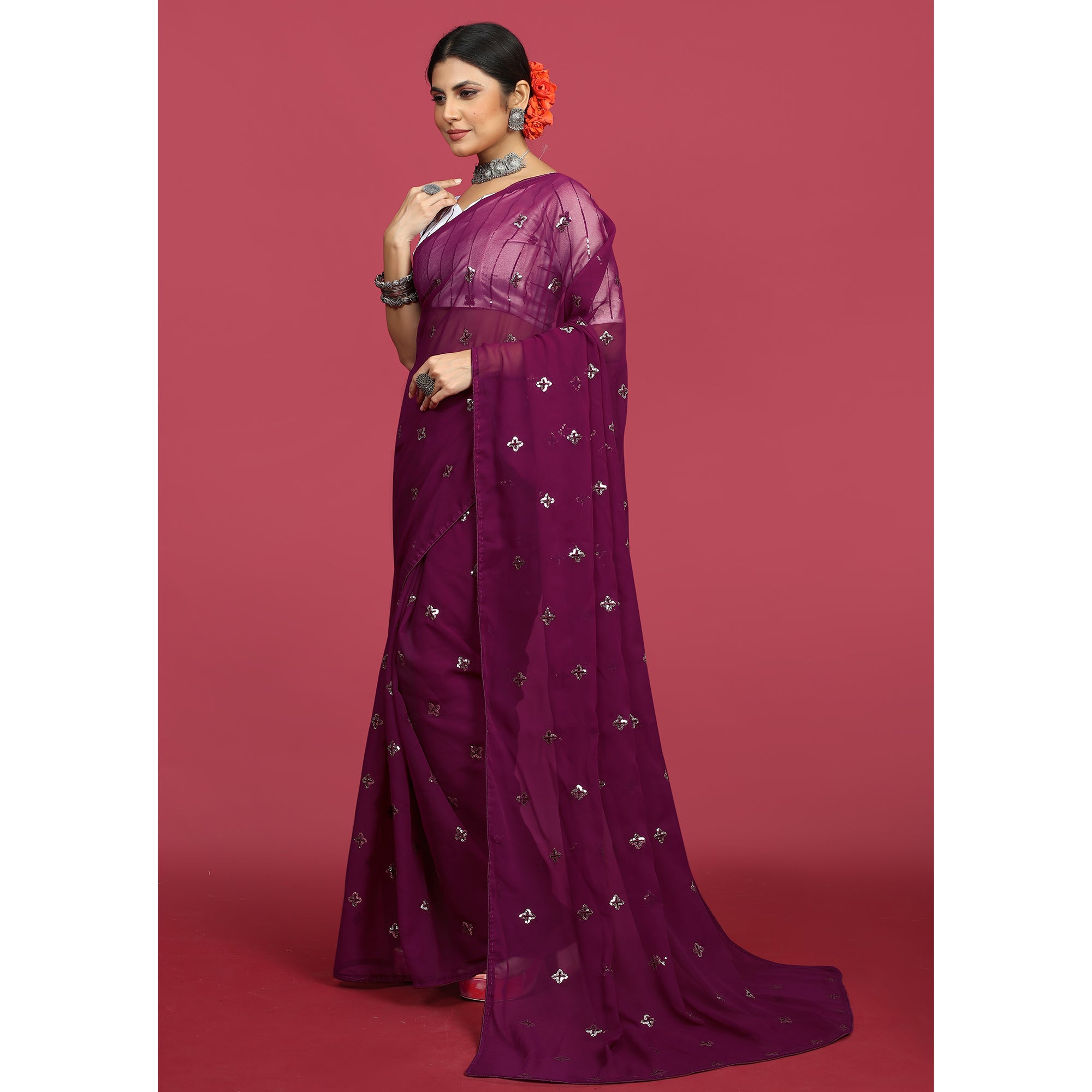 Wine Sequins Embroidered Georgette Saree