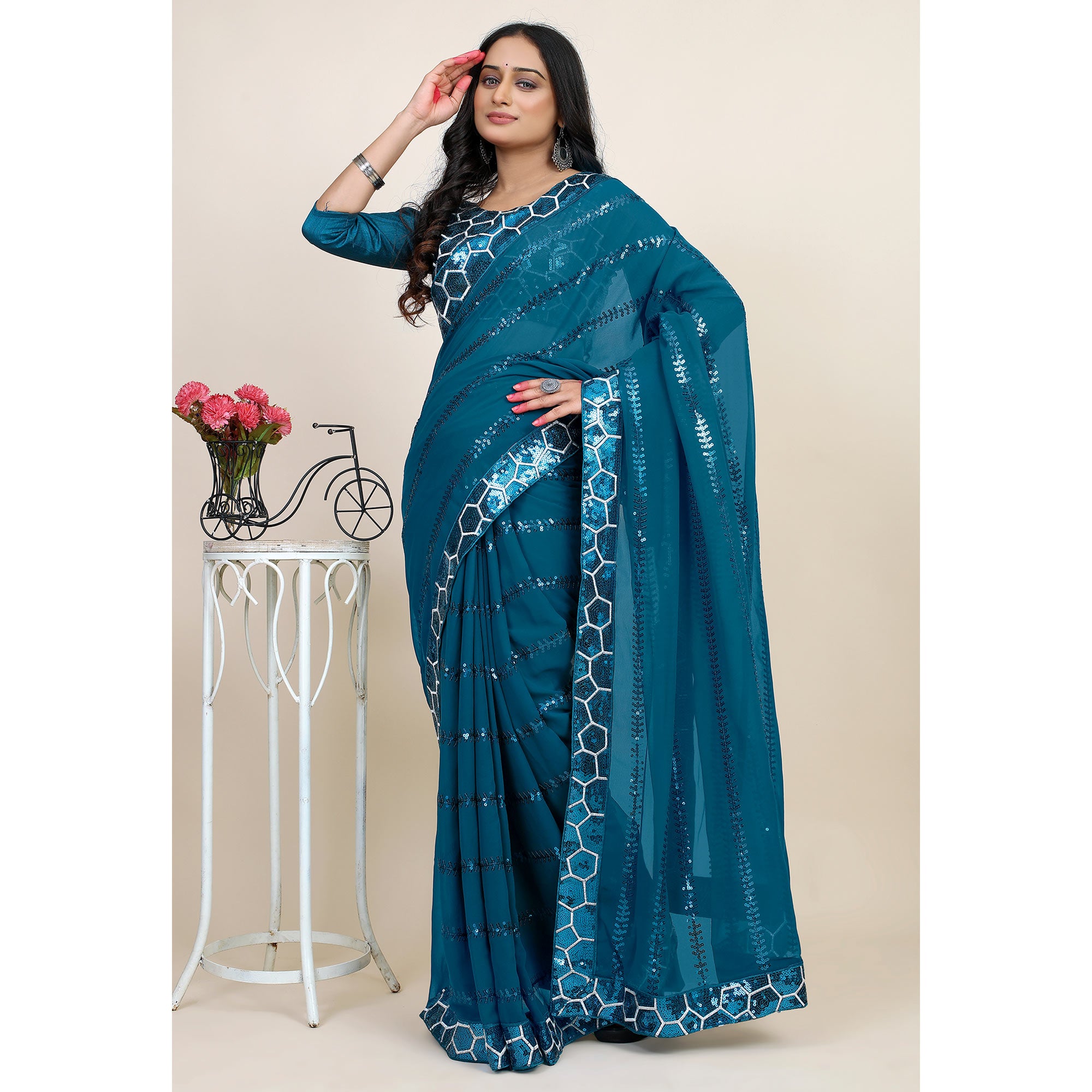 Blue Sequins Embroidered Georgette Saree