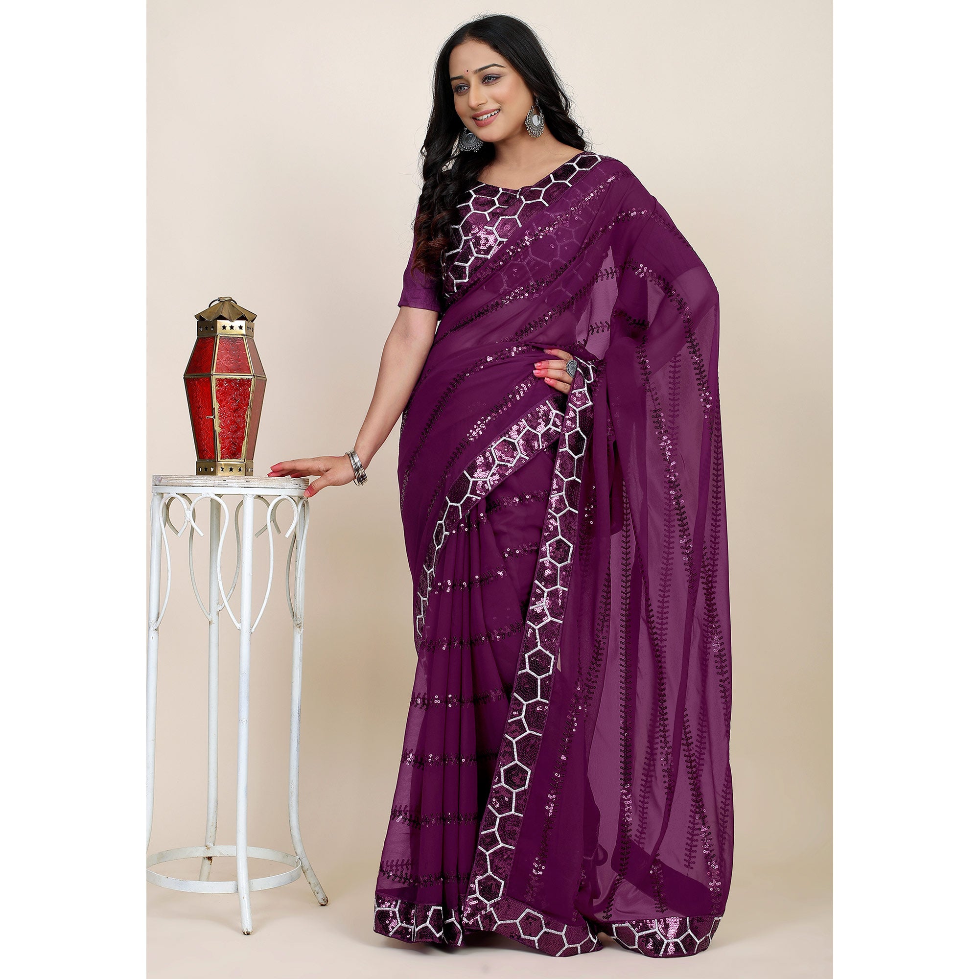 Wine Sequins Embroidered Georgette Saree