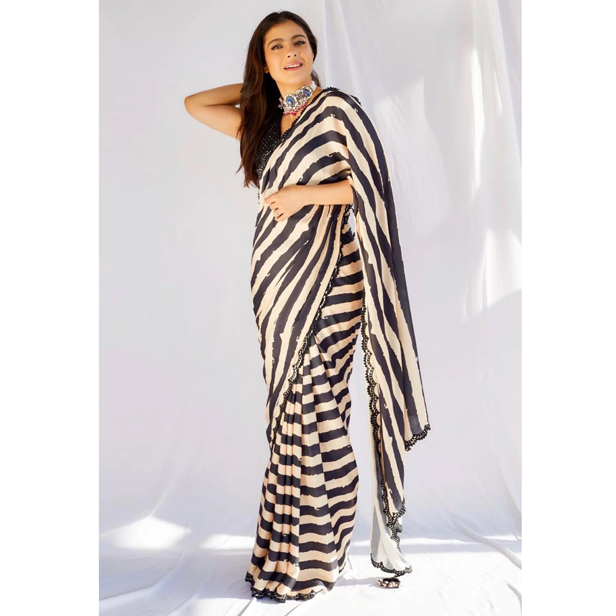 Black & White Printed Georgette Saree With Sequins Border