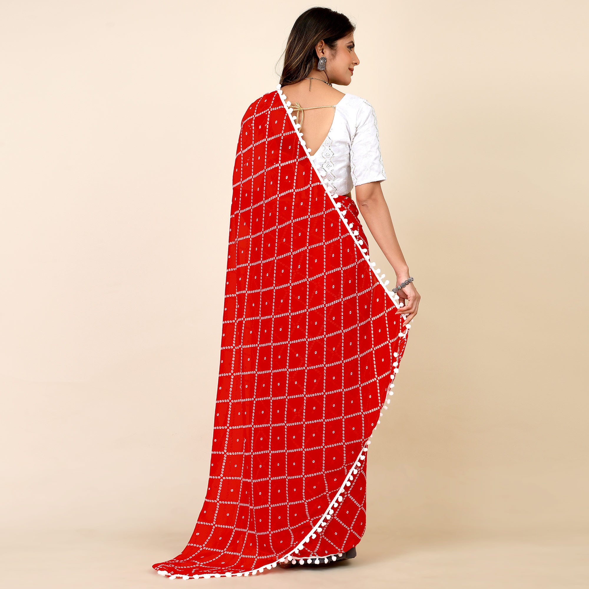 Red Bandhani Printed Georgette Saree
