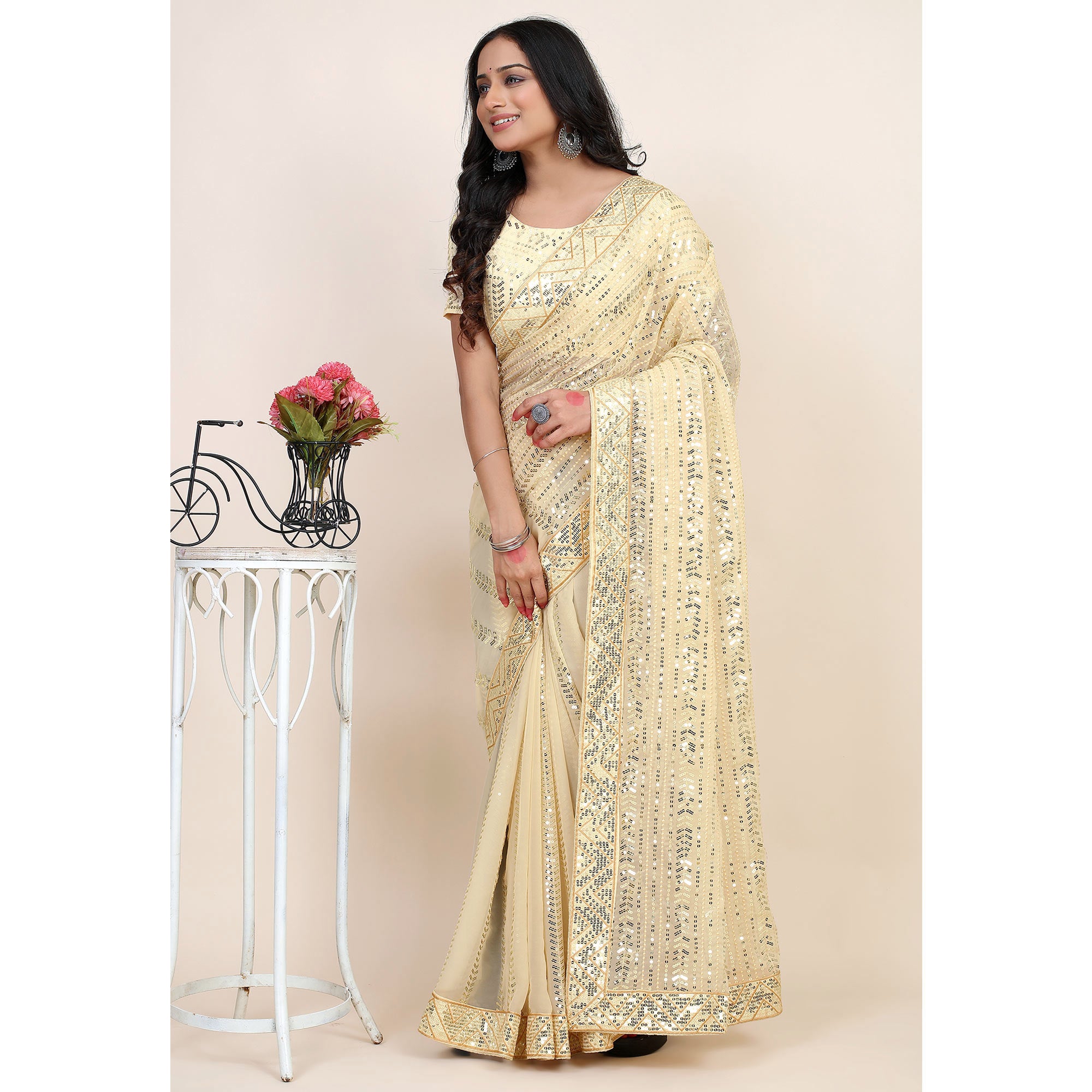 Light Chikoo Sequins Embroidered Georgette Saree
