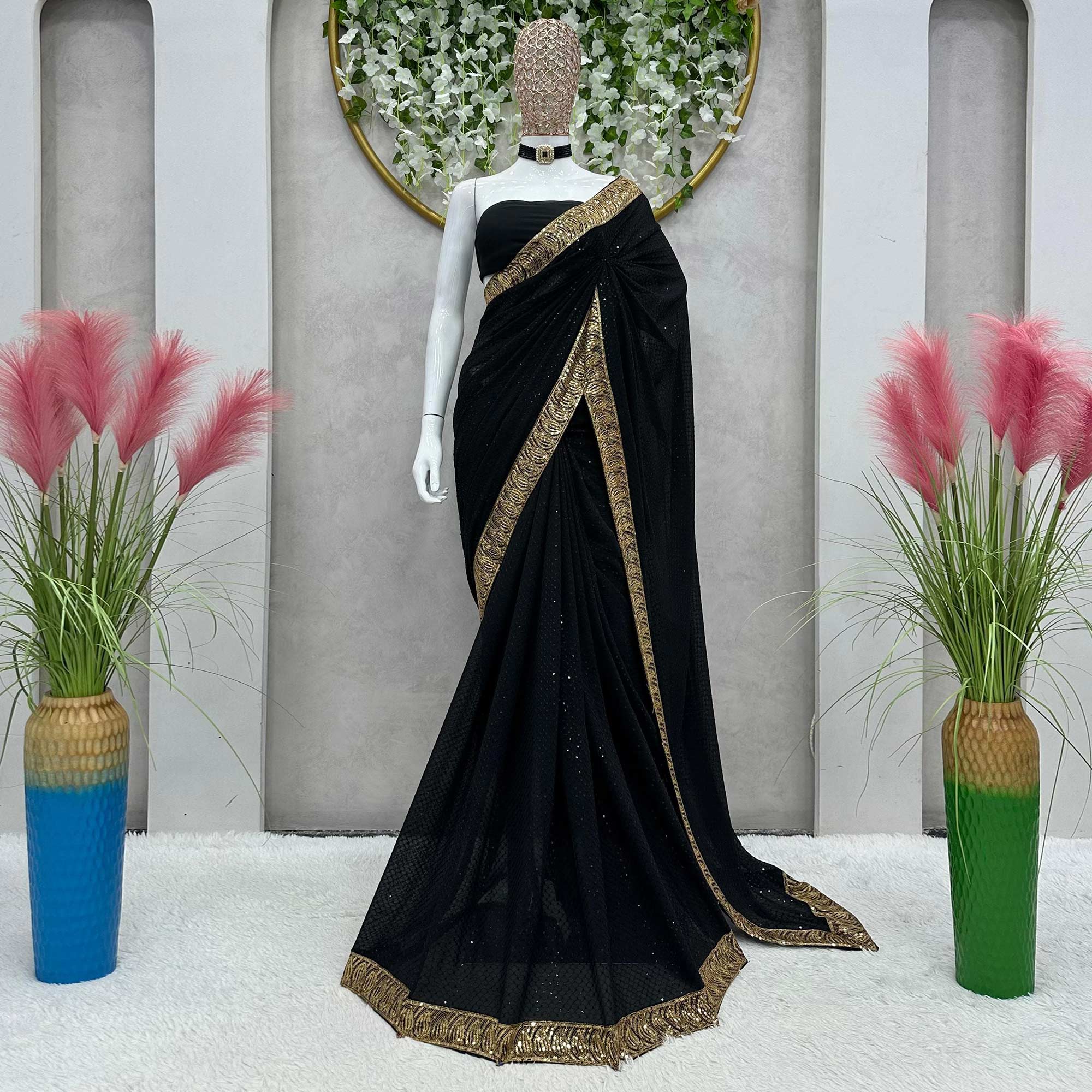 Black Sequins Embroidered Georgette Saree