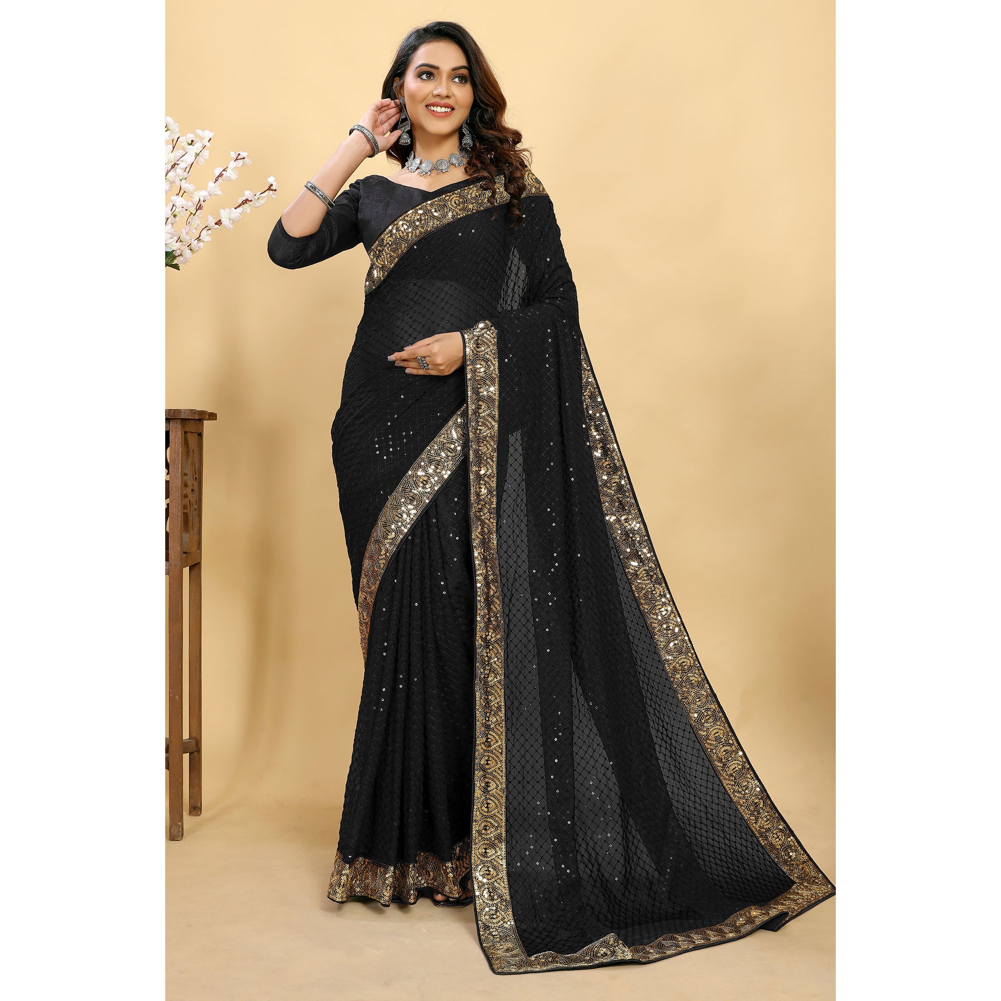 Black Sequins Embroidered Georgette Saree