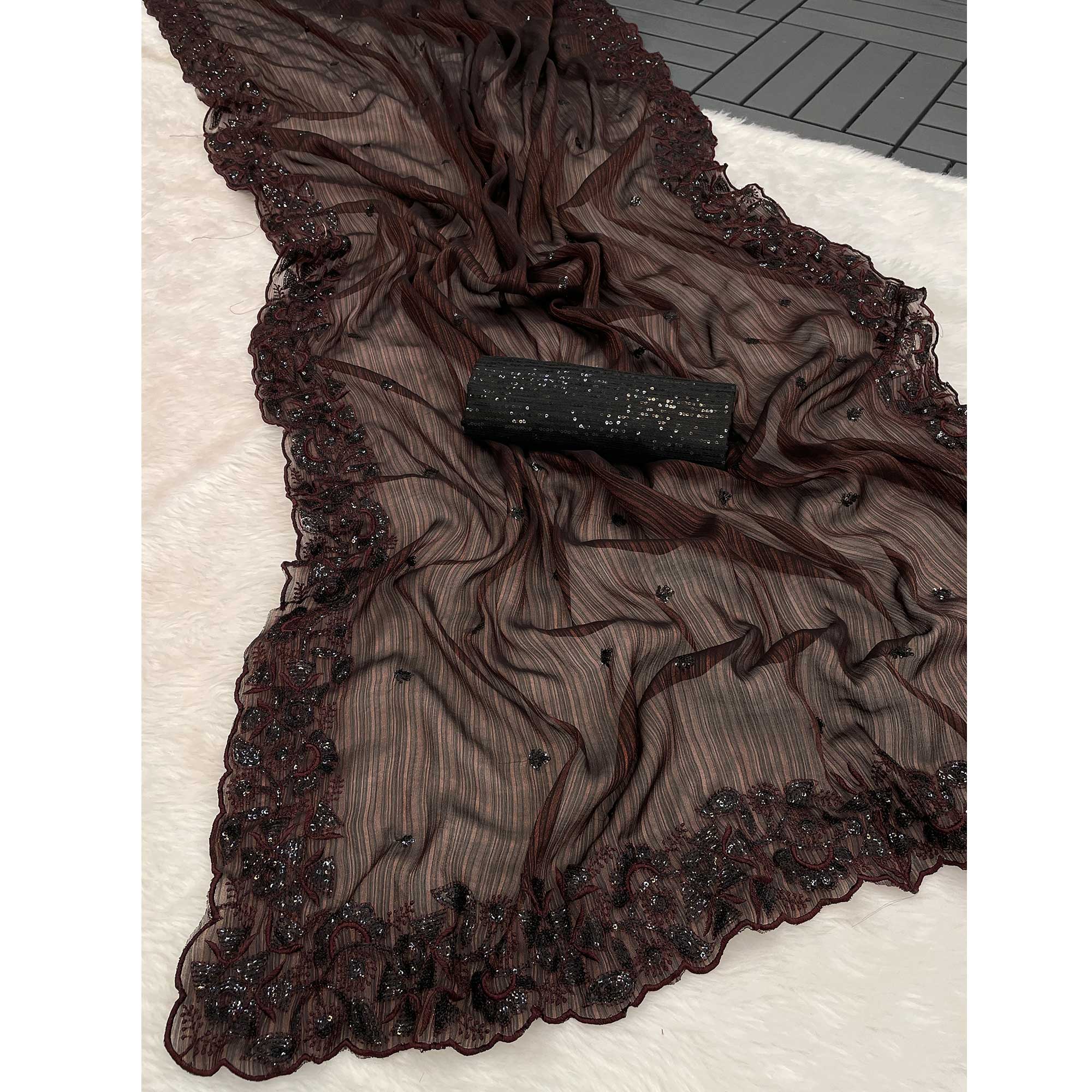 Dark Coffee Brown Sequins Embroidered Chiffon Saree