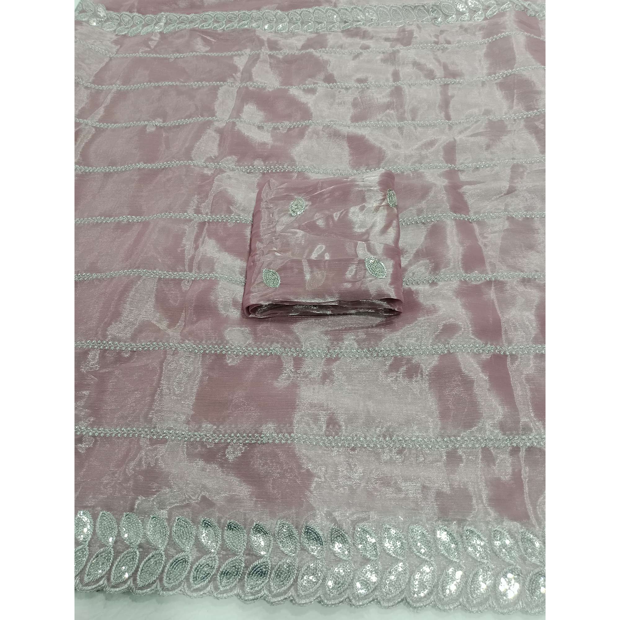 Light Mauve Embroidered Chiffon Saree With Sequins Border