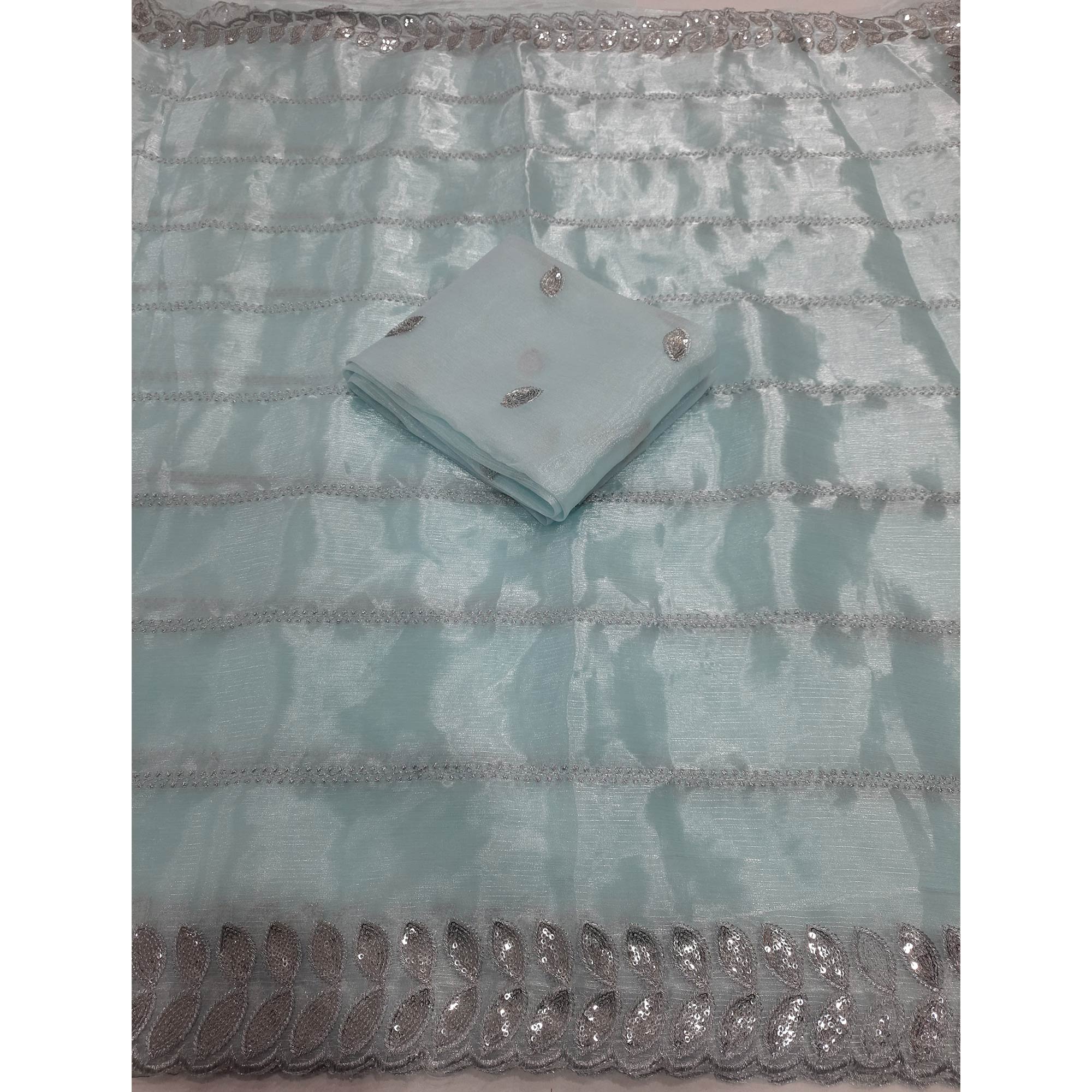 Sky Blue Embroidered Chiffon Saree With Sequins Border