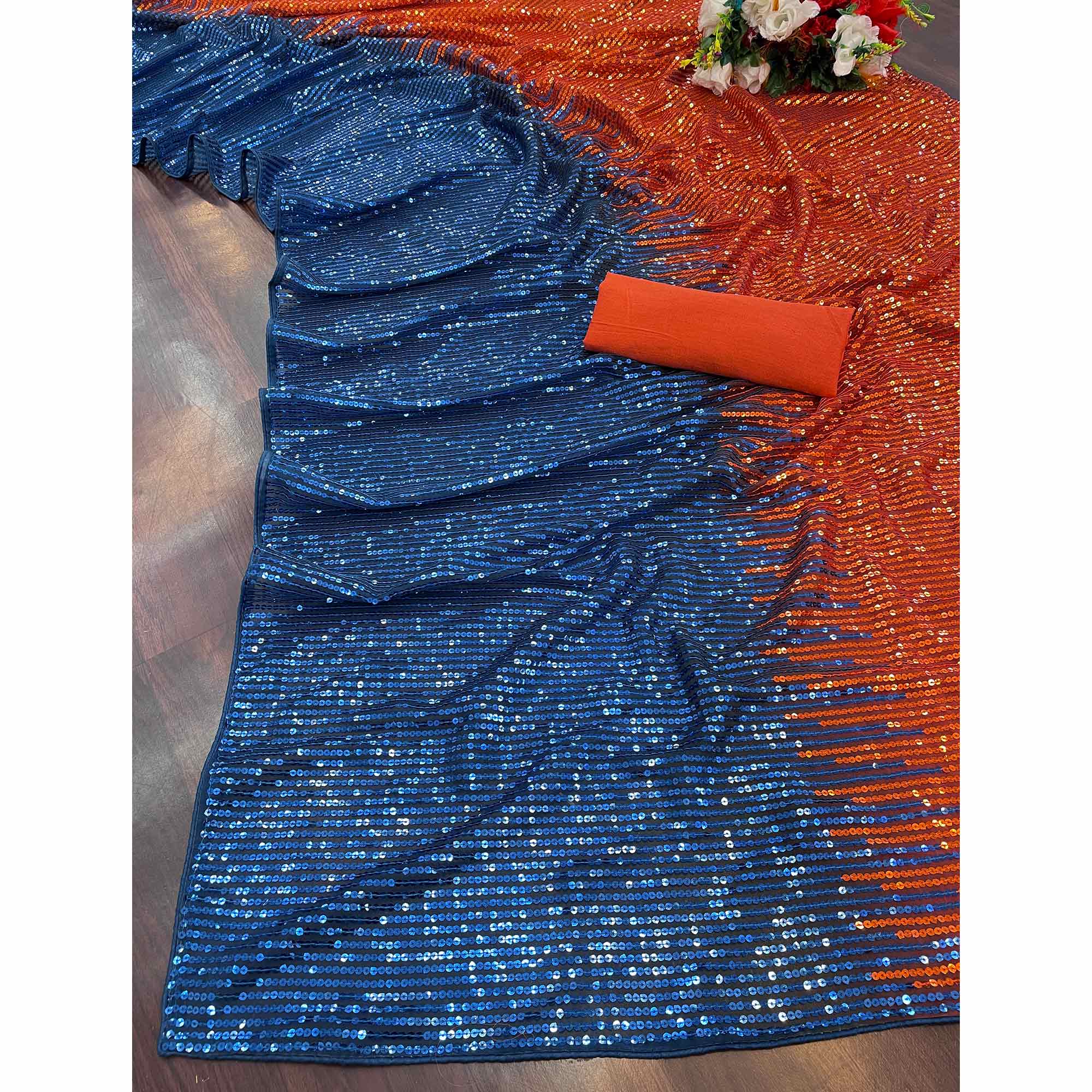 Orange & Morpich Sequins Digital Print Georgette Half N Half Saree