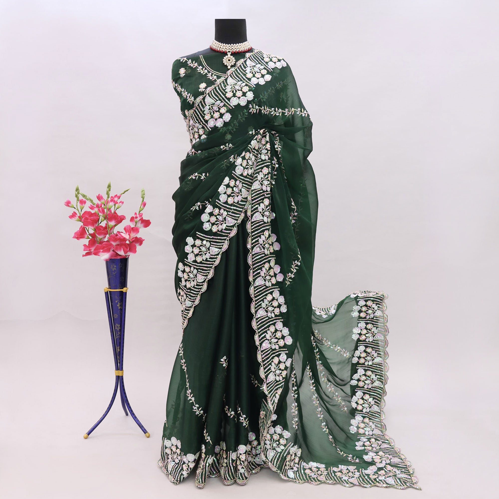 Green Sequins Embroidered Chiffon Saree