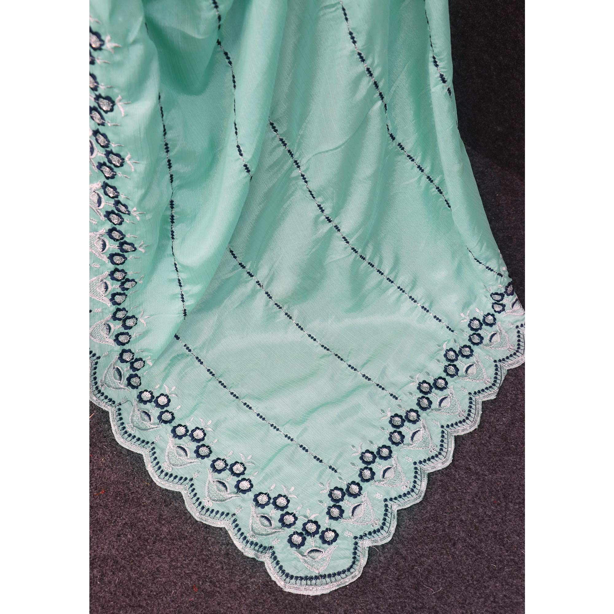 Turquoise Sequins Embroidered Chinon Saree