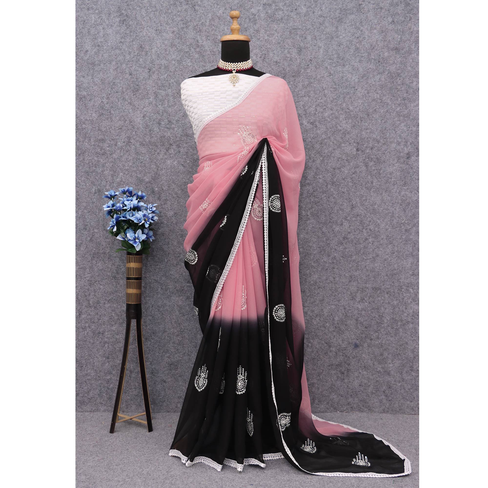 Pink & Black Sequins Embroidered Georgette Saree