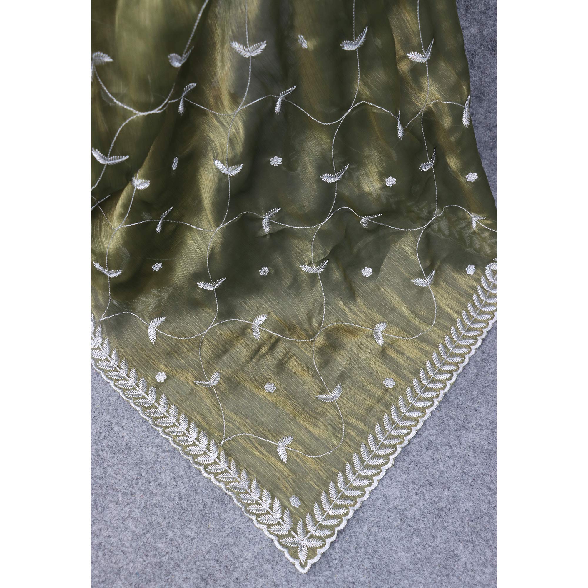 Olive Green Sequins Embroidered Chiffon Saree