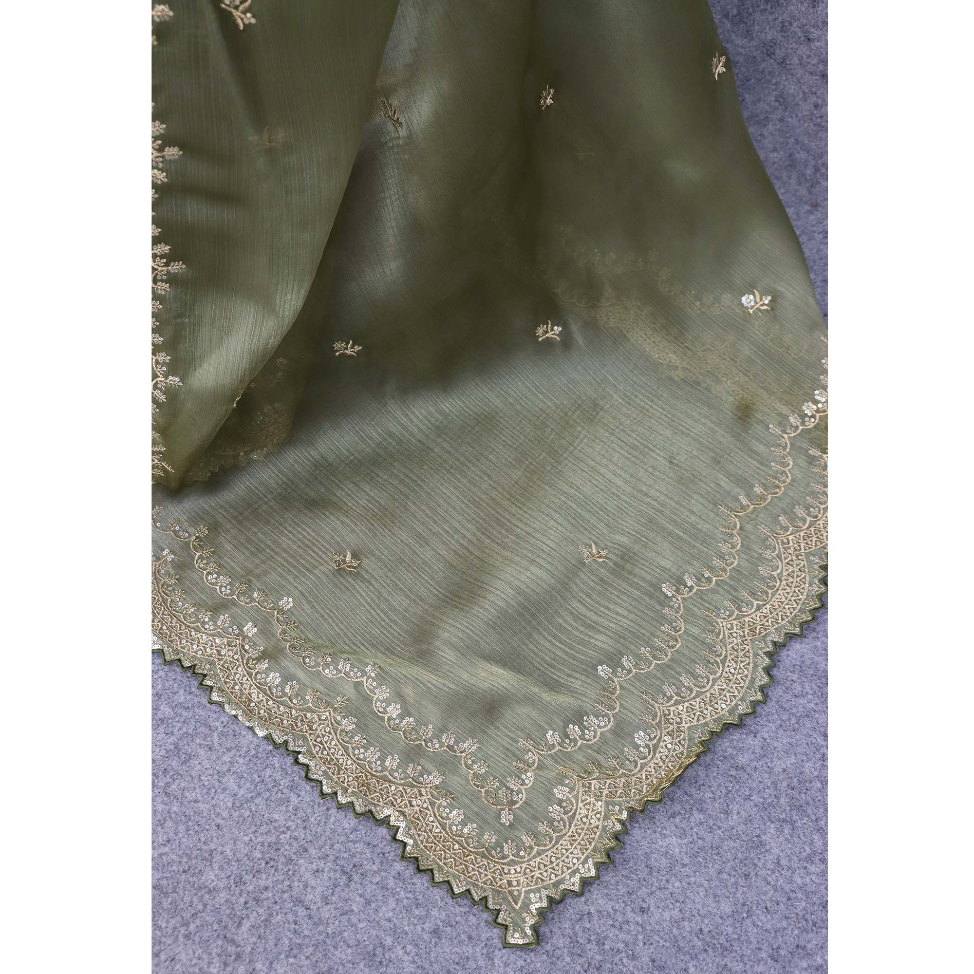 Olive Green Sequins Embroidered Chiffon Saree